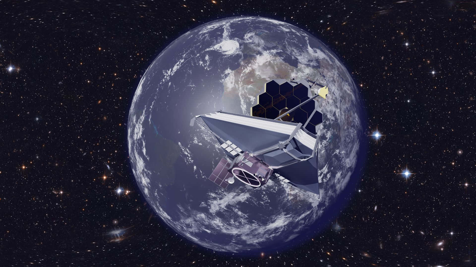 Live Space 桌布 壁紙 — 一顆詳細的衛星在繁星點點的宇宙背景下繞地球運行，可見大陸和雲層。