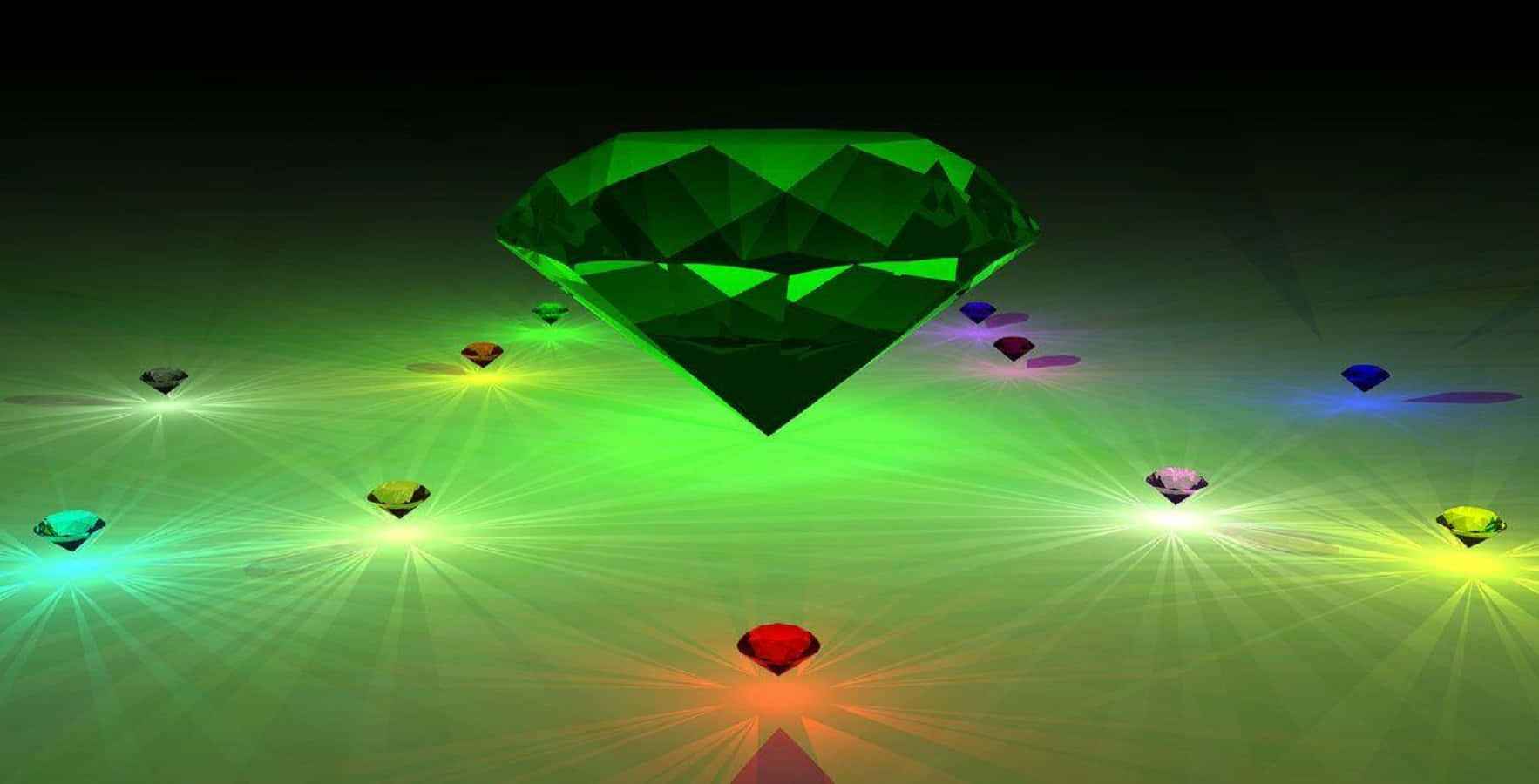 Chaos Emeralds 桌布 壁紙 — 一顆閃耀的綠色鑽石漂浮在發光的綠色表面上，周圍環繞著散發明亮星光的彩色寶石。