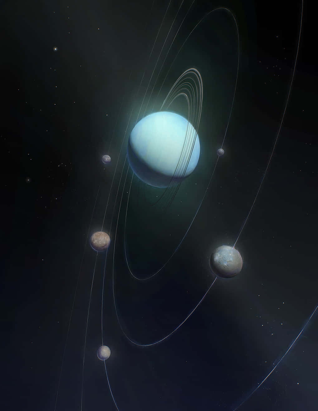 Uranus 桌布 壁紙 — 一顆雄偉的冰藍色行星，帶有薄環和四顆衛星，在繁星點點的宇宙背景下運行。