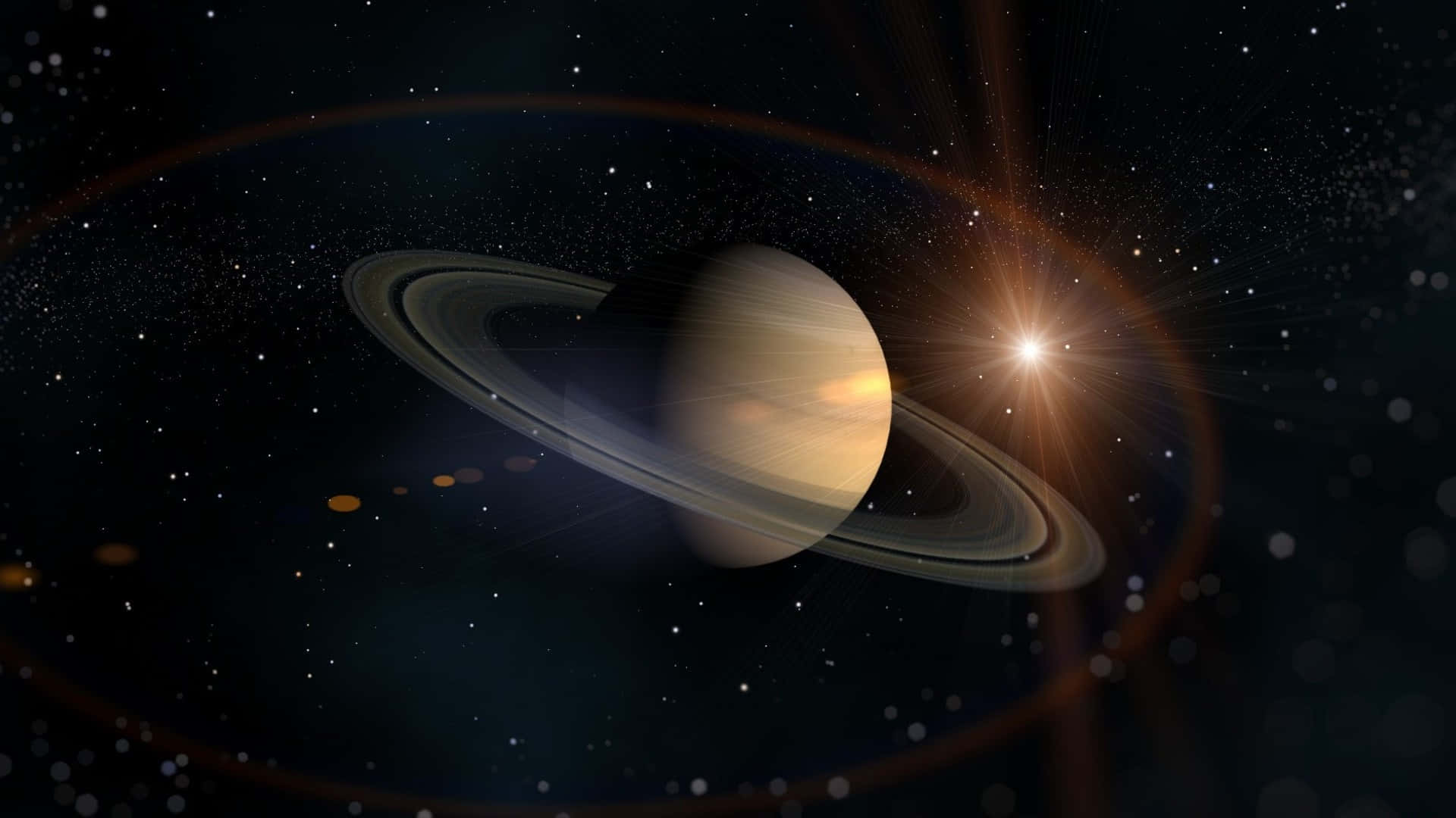 土星 桌布 壁紙 — 一顆雄偉的土星帶有複雜的環，在燦爛的太陽下閃耀，背景是繁星點點的宇宙。