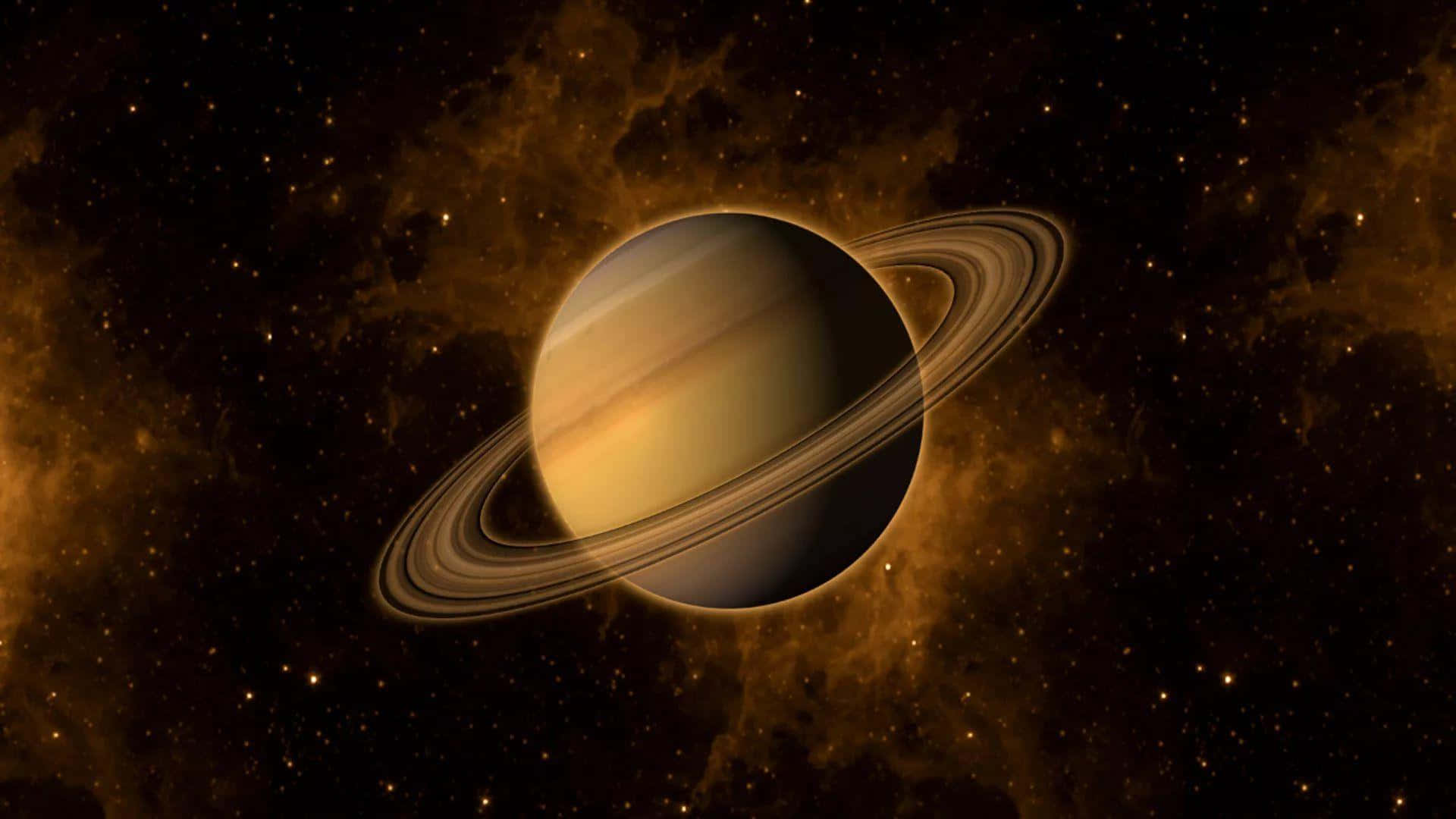 土星 桌布 壁紙 — 一顆雄偉的土星帶有複雜的環，在琥珀色星雲的星空宇宙背景下溫暖地發光。