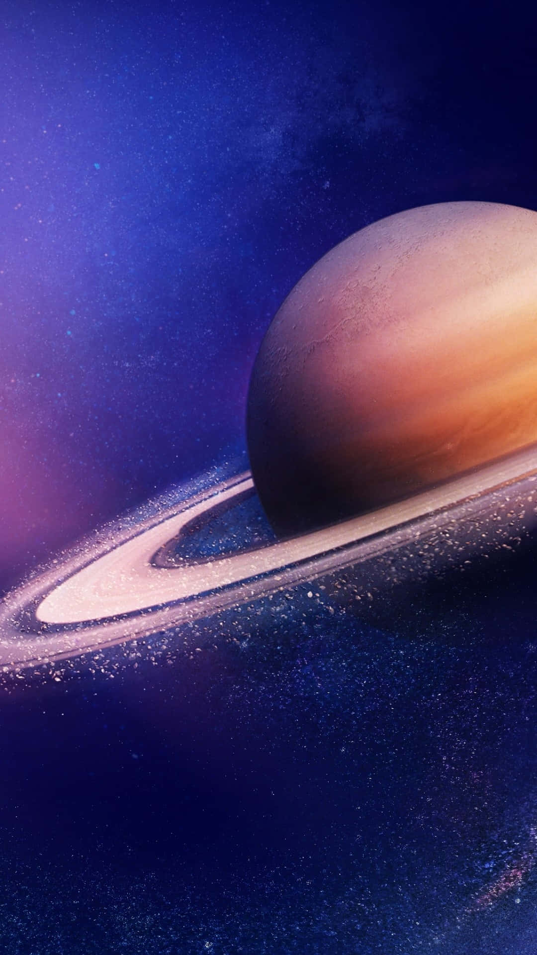 土星 桌布 壁紙 — 一顆雄偉的土星帶著發光的環，漂浮在星光燦爛的宇宙空間中，沐浴在深藍和紫色的色調中。