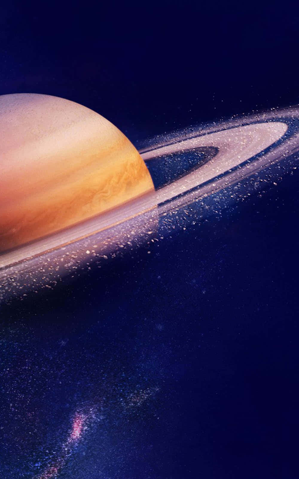 土星 桌布 壁紙 — 一顆雄偉的土星帶著金色光環，在深藍色的星空宇宙中閃耀。