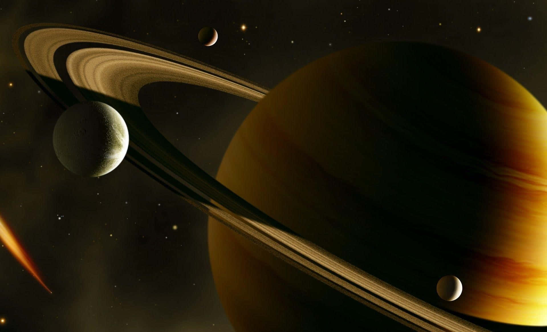 土星 桌布 壁紙 — 一顆雄偉的環狀行星，帶有發光的環帶和衛星，在繁星點點的宇宙背景下，伴隨著一顆劃過的彗星閃耀。