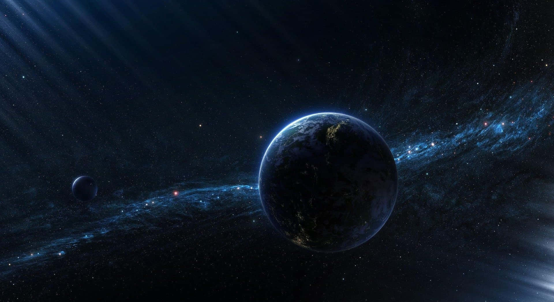 Exoplanet 桌布 壁紙 — 一顆雄偉的藍色行星帶著發光的城市燈光，在繁星點點的宇宙中環繞，遠處有月亮和閃耀的星雲。