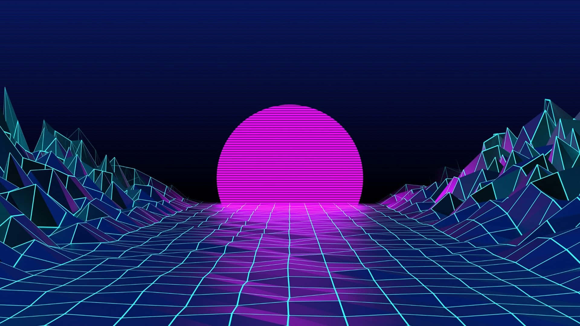 Aesthetic YouTube 桌布 壁紙 — 一顆霓虹粉紅的太陽在幾何山脈和網格道路上冉冉升起，呈現出復古未來主義的數位景觀。