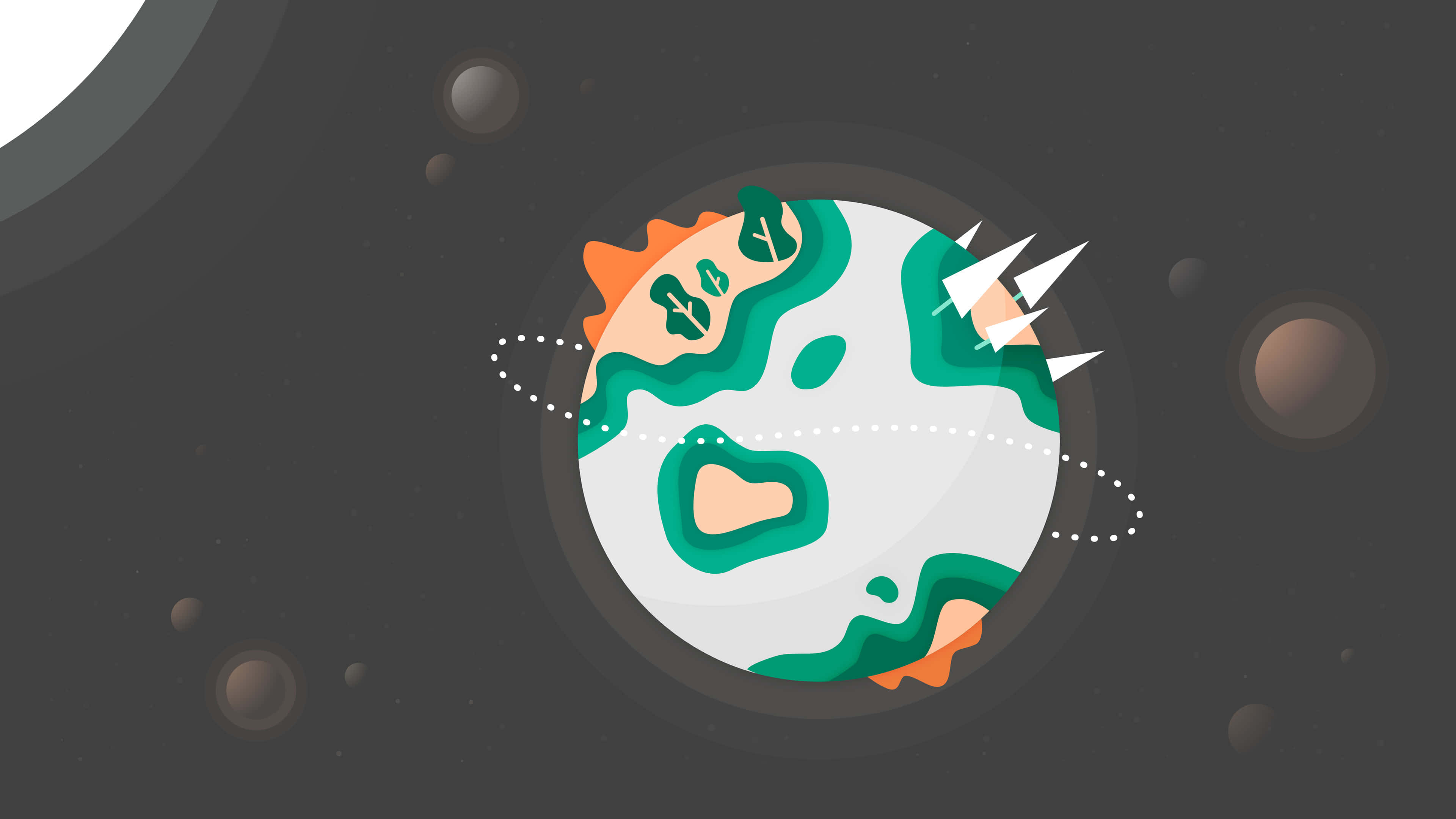 Minimalist Space 桌布 壁紙 — 一顆風格化的行星，帶有綠色陸地和橙色點綴，在太空中運行，周圍環繞著小衛星和星星。