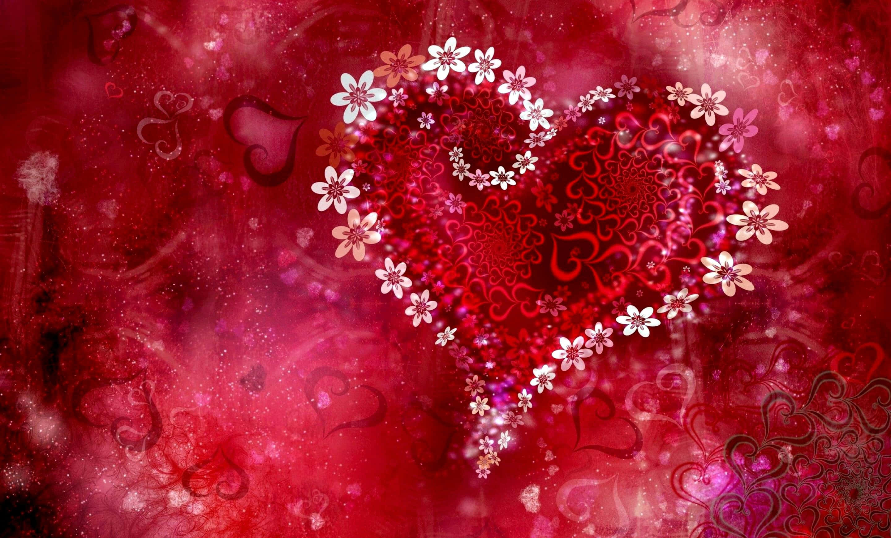 Heart Art 桌布 壁紙 — 一顆飾有白花的鮮紅心臟，在夢幻閃爍的深紅背景上跳動。