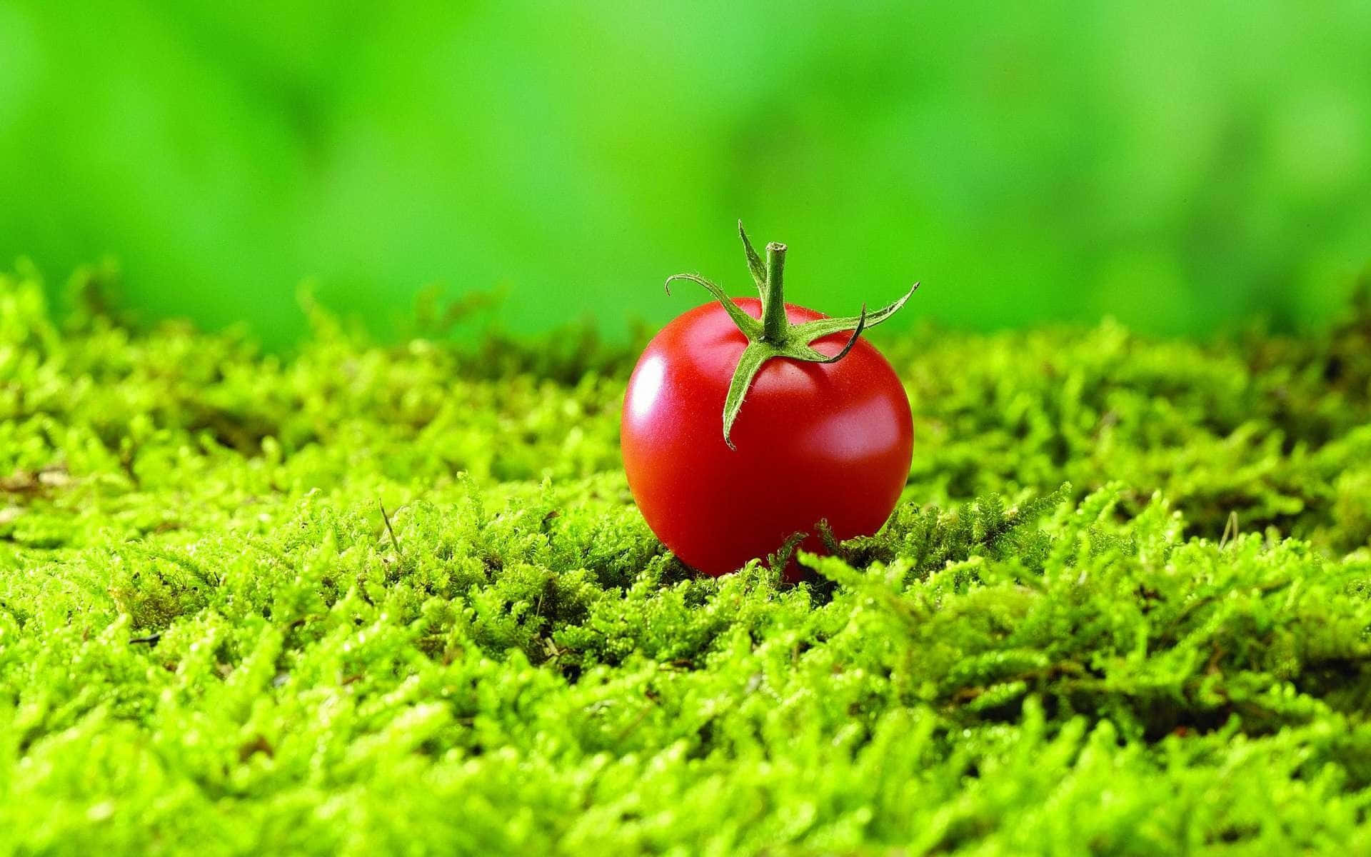 tomato 桌布 壁紙 — 一顆鮮紅色的櫻桃番茄帶著綠色莖部，躺在茂盛亮綠的苔蘚床上。