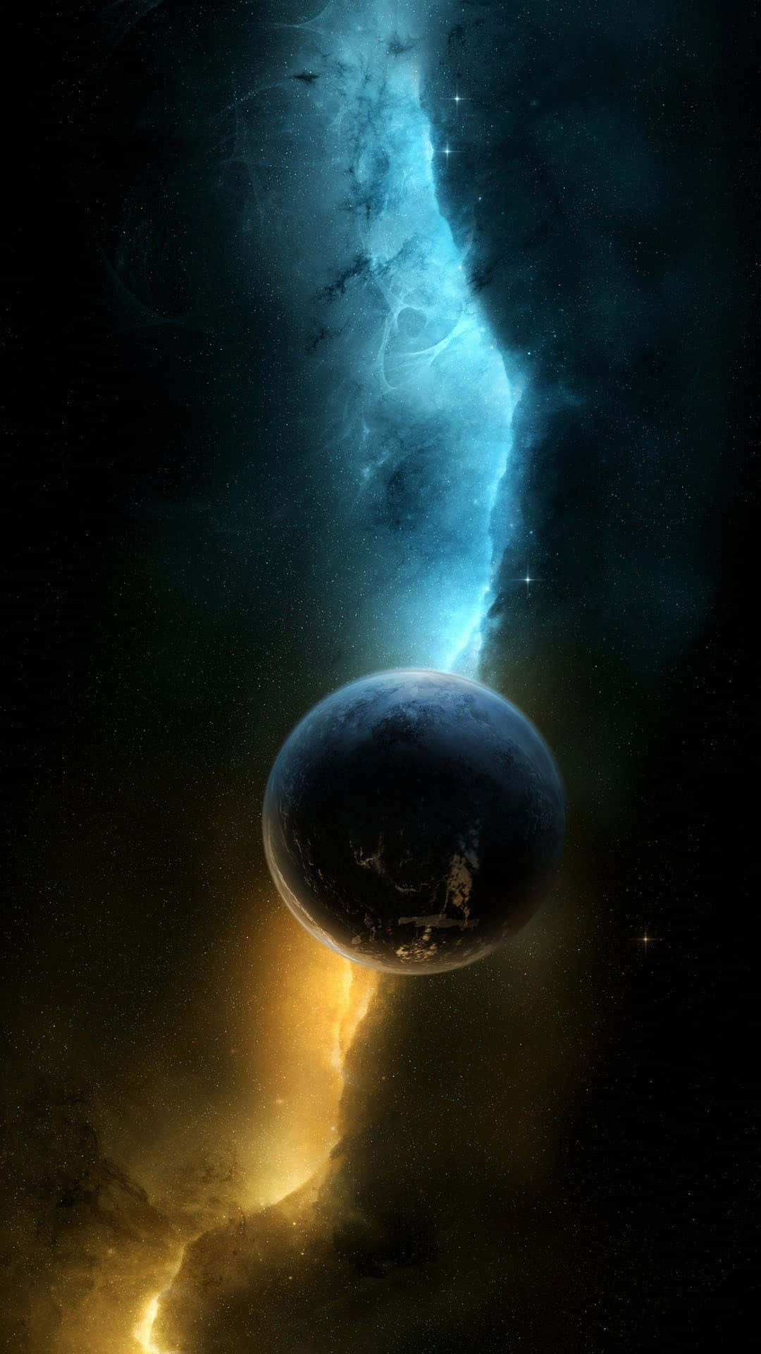 Smartphone 桌布 壁紙 — 一顆黑暗的行星漂浮在雄偉的藍金色宇宙星雲之下，背景是繁星點點的虛空。