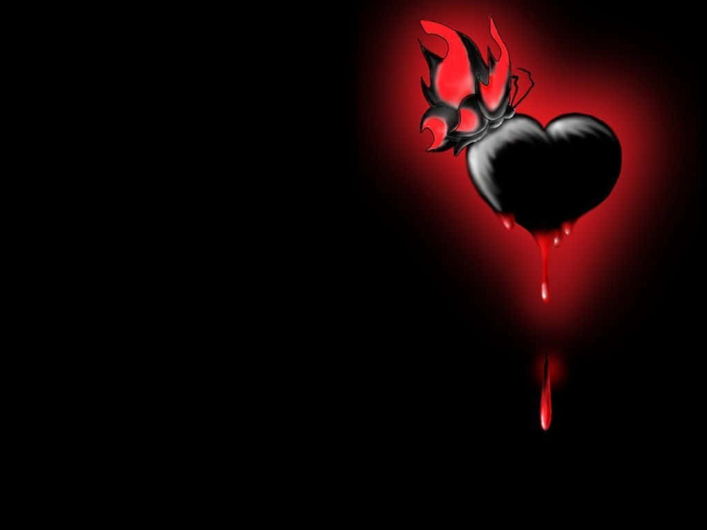 Broken Heart Black 桌布 壁紙 — 一顆黑色心臟，帶有紅色火焰和滴落的血液，在黑暗背景中發光。