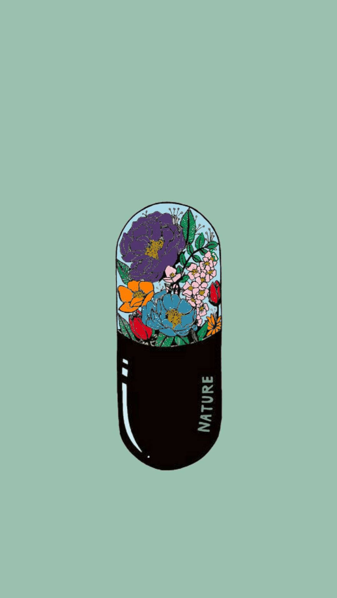 Pinterest Aesthetic 桌布 壁紙 — 一顆黑色藥丸膠囊，裝滿了鮮豔的插畫花朵和葉子，背景是柔和的薄荷綠色。