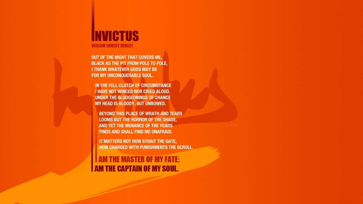 橙色背景，以粗體文字呈現威廉·歐內斯特·亨利的詩作《Invictus》。