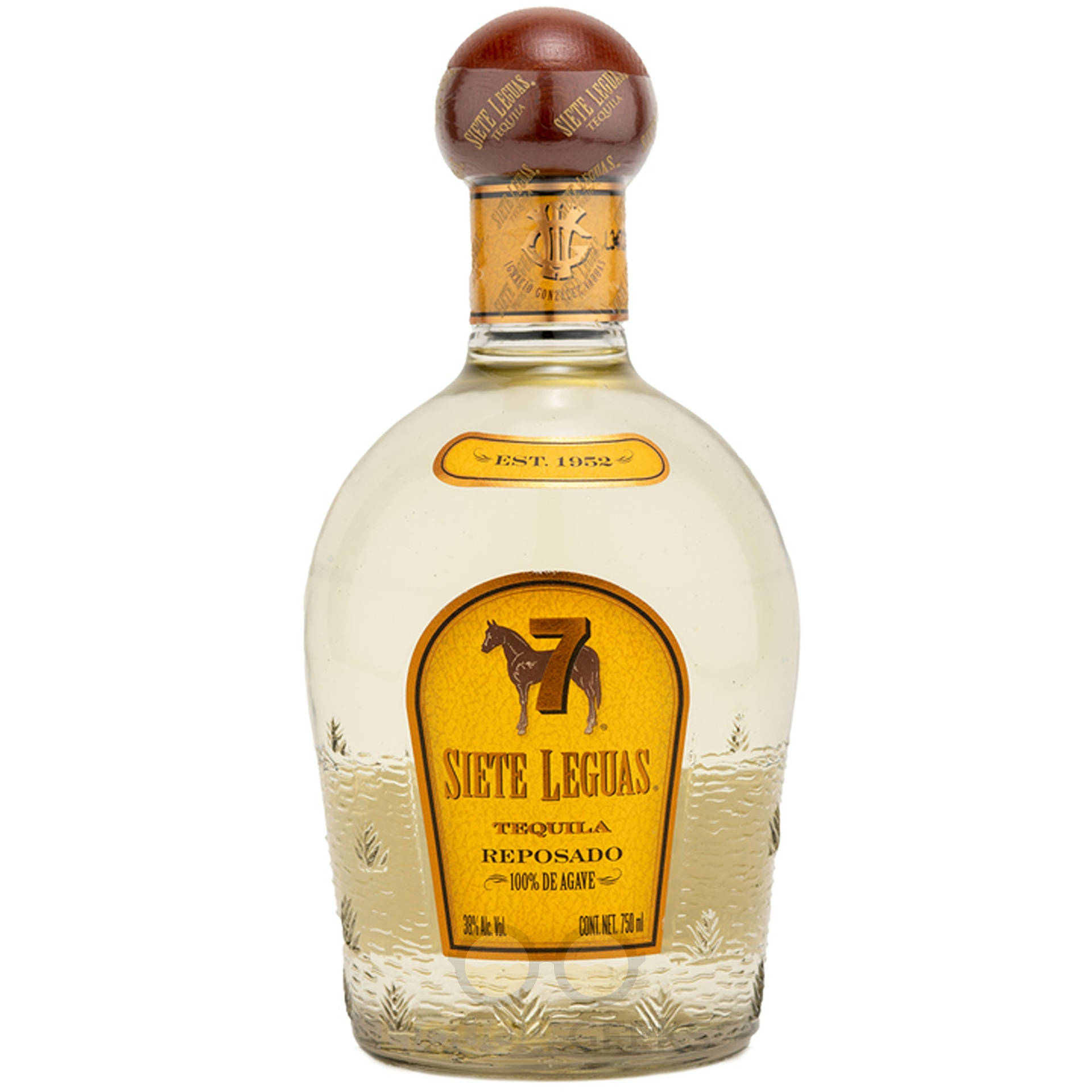 Siete Leguas Reposado龍舌蘭酒瓶，帶有馬標誌和木蓋。