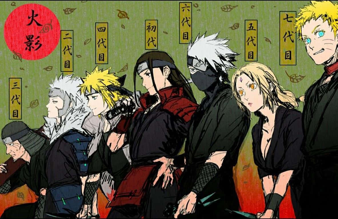 Fourth Hokage 桌布 壁紙 — 七位動漫忍者領袖一字排開，站在綠色紋理背景前，背景有日文文字橫幅。