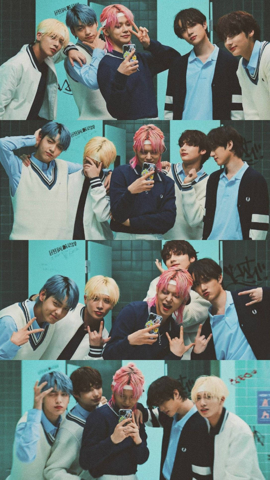 Tomorrow X Together We Lost The Summer 壁紙 — 七位年輕男子擁有色彩繽紛的頭髮，在青綠色走廊上頑皮地擺姿勢，做手勢並拿著手機。