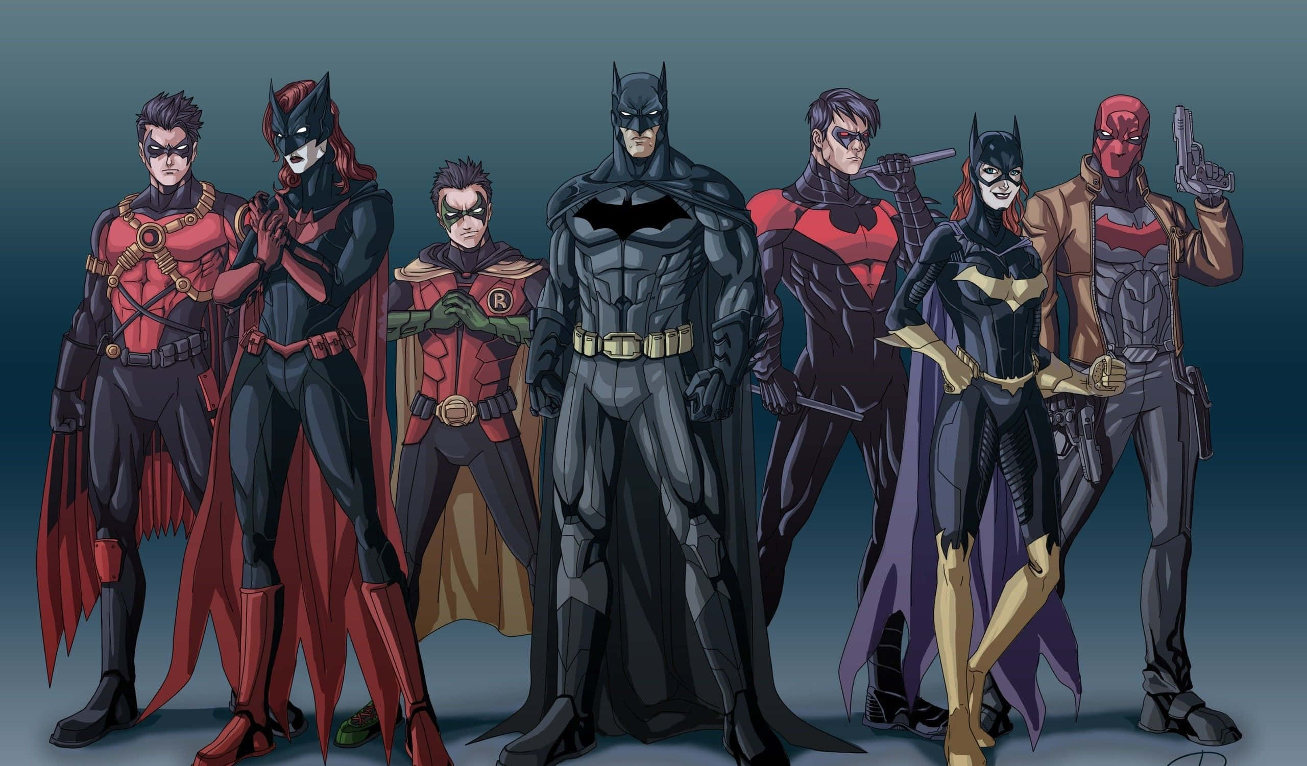 Batman Death In The Family 桌布 壁紙 — 七位蝙蝠俠家族英雄以英雄姿態排成一列，背景為深藍色漸變。