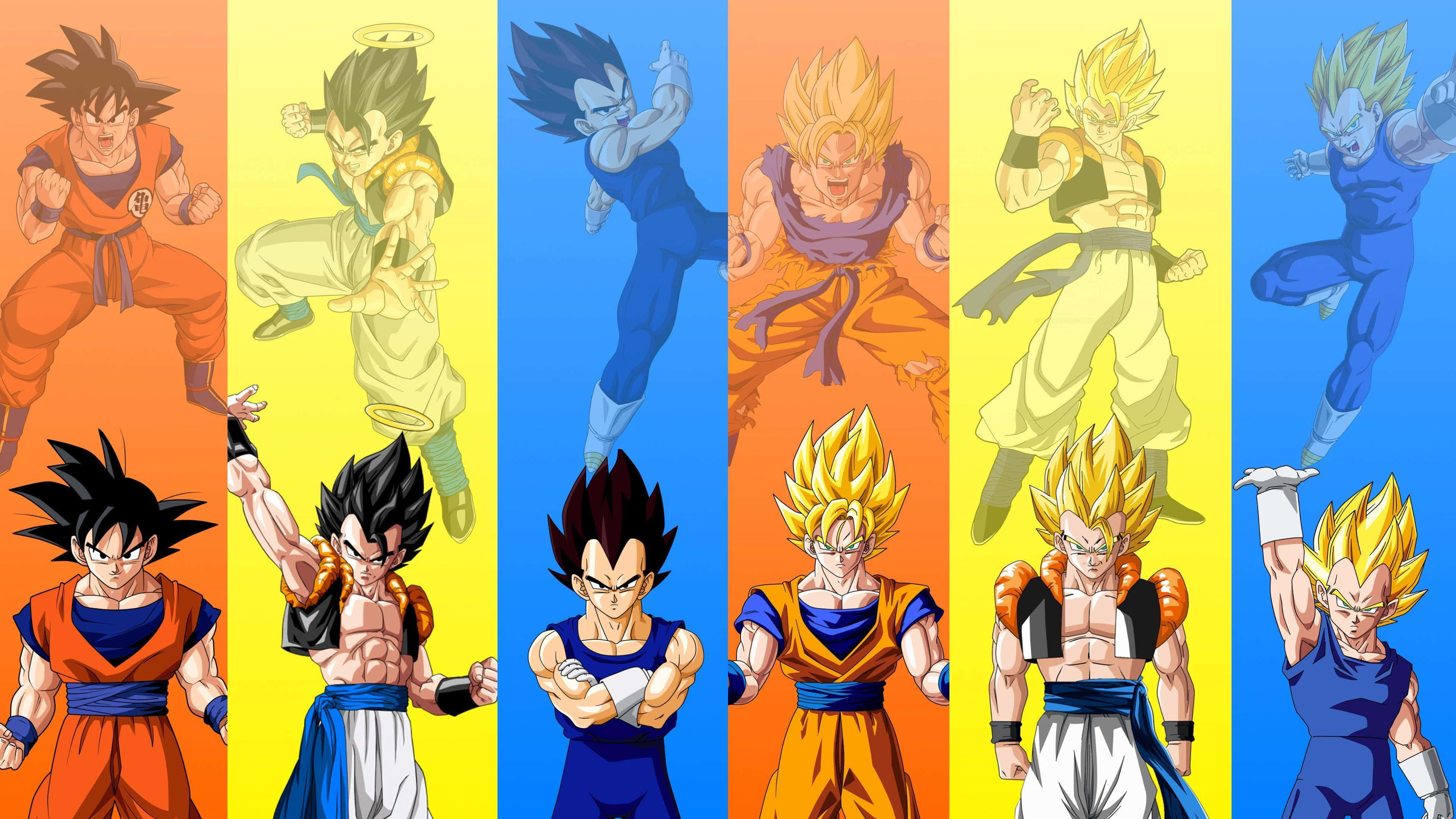 Dragon Ball Legends 桌布 壁紙 — 七位賽亞戰士以動感姿勢展現在充滿活力的垂直色彩面板上，展示他們的變身力量。