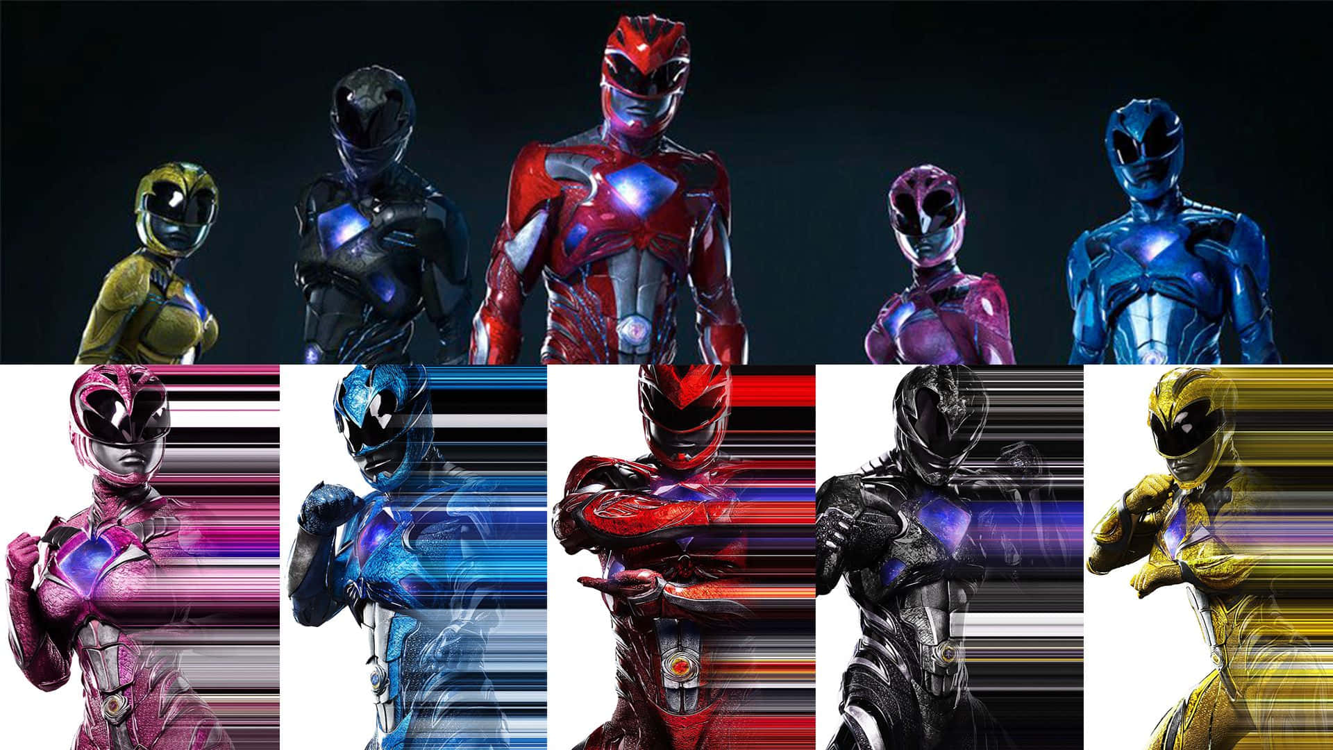 Power Rangers 桌布 壁紙 — 七位身穿全副盔甲的Power Rangers英雄地站在深色和淺色條紋背景前。