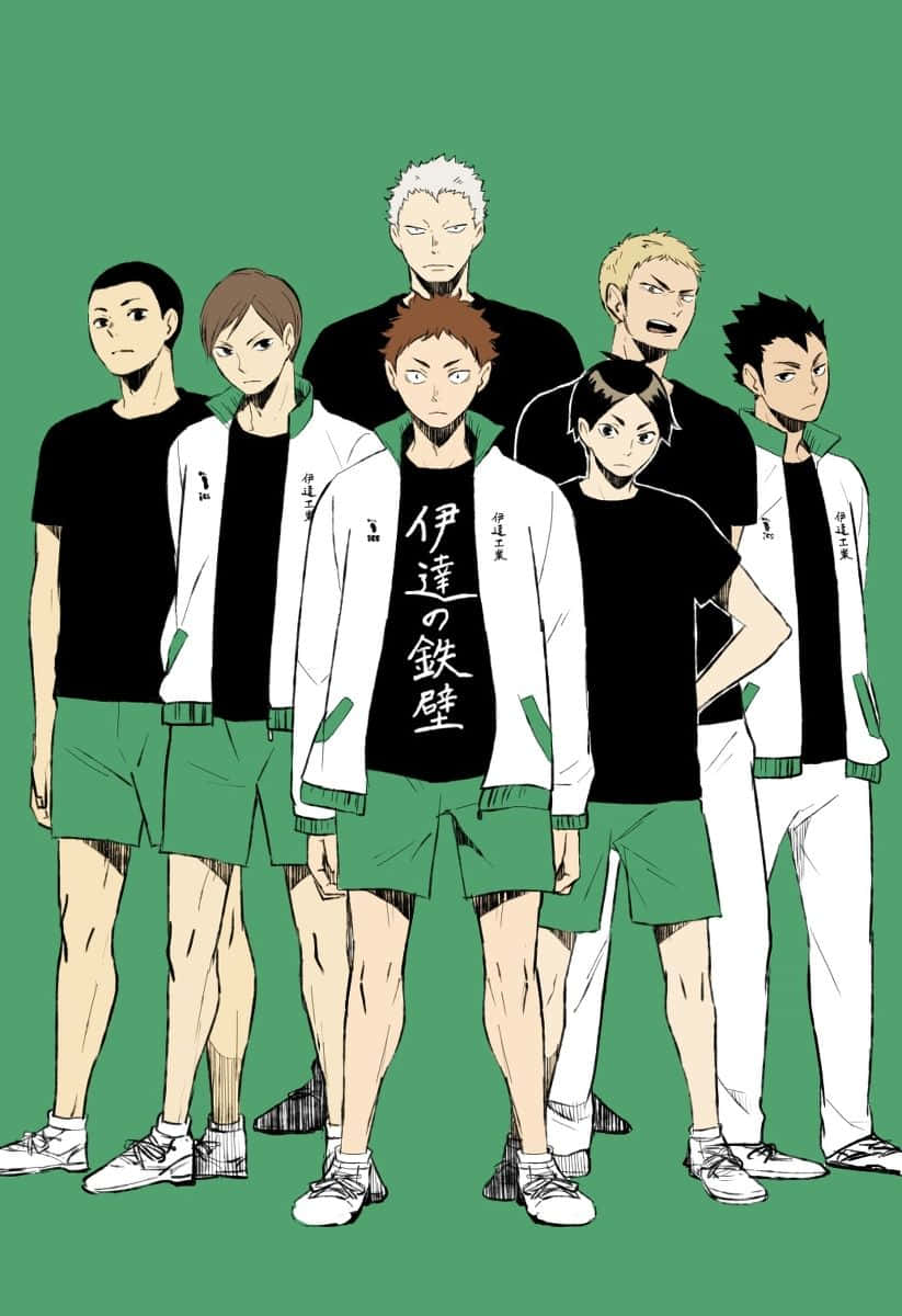 Date Tech High 桌布 壁紙 — 七位身穿綠色和白色制服嘅動漫排球選手自信地企喺純綠色背景前。
