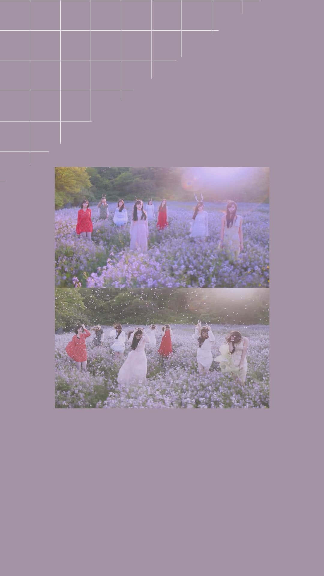 Soft Girl Aesthetic 桌布 壁紙 — 七位身穿飄逸長裙的女性在柔和發光的天空下，於紫色花田中優雅地擺姿勢。