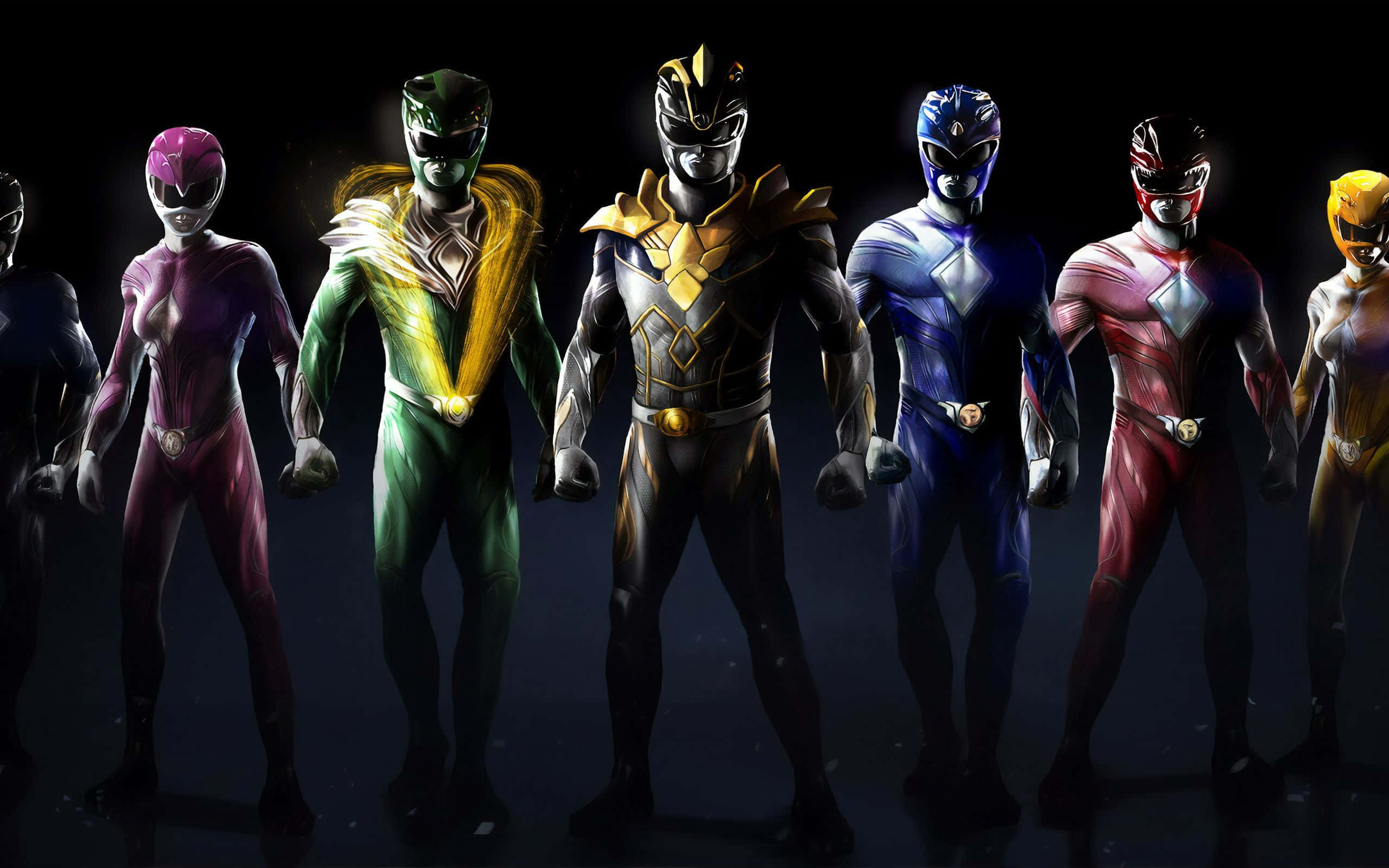 Power Rangers 桌布 壁紙 — 七位金剛戰士身穿全副盔甲，在黑暗背景中散發光芒，英勇地站立著。