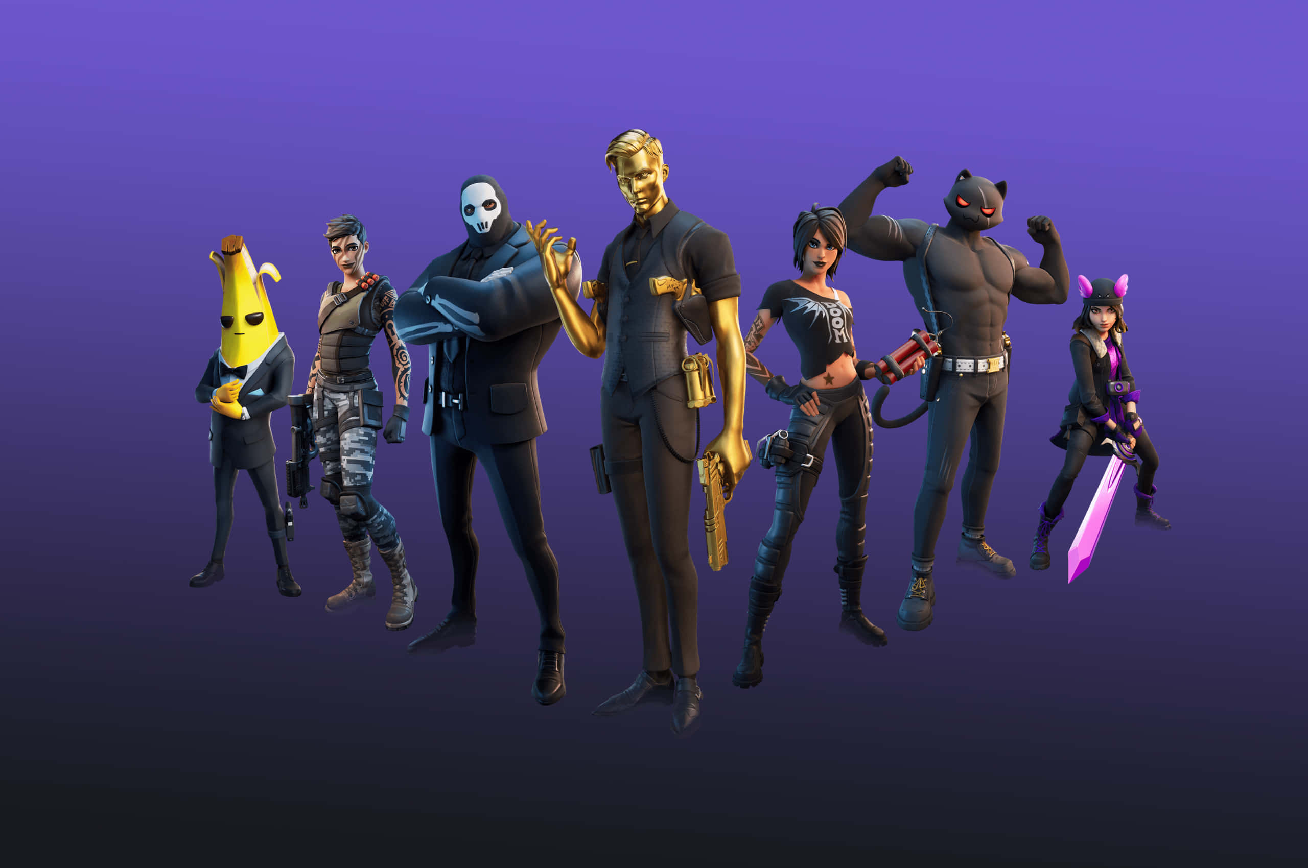 要塞英雄 大逃殺 桌布 壁紙 — 七個 Fortnite 角色穿著時尚服裝，在紫色漸變背景前自信地擺姿勢。