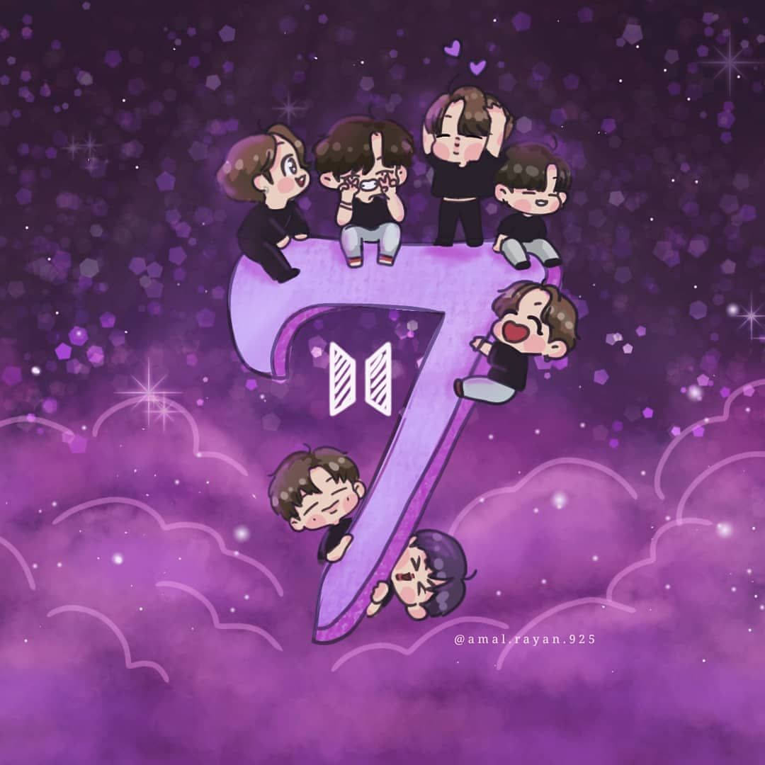 七個Q版BTS成員在星空中的一個巨大紫色數字七上。