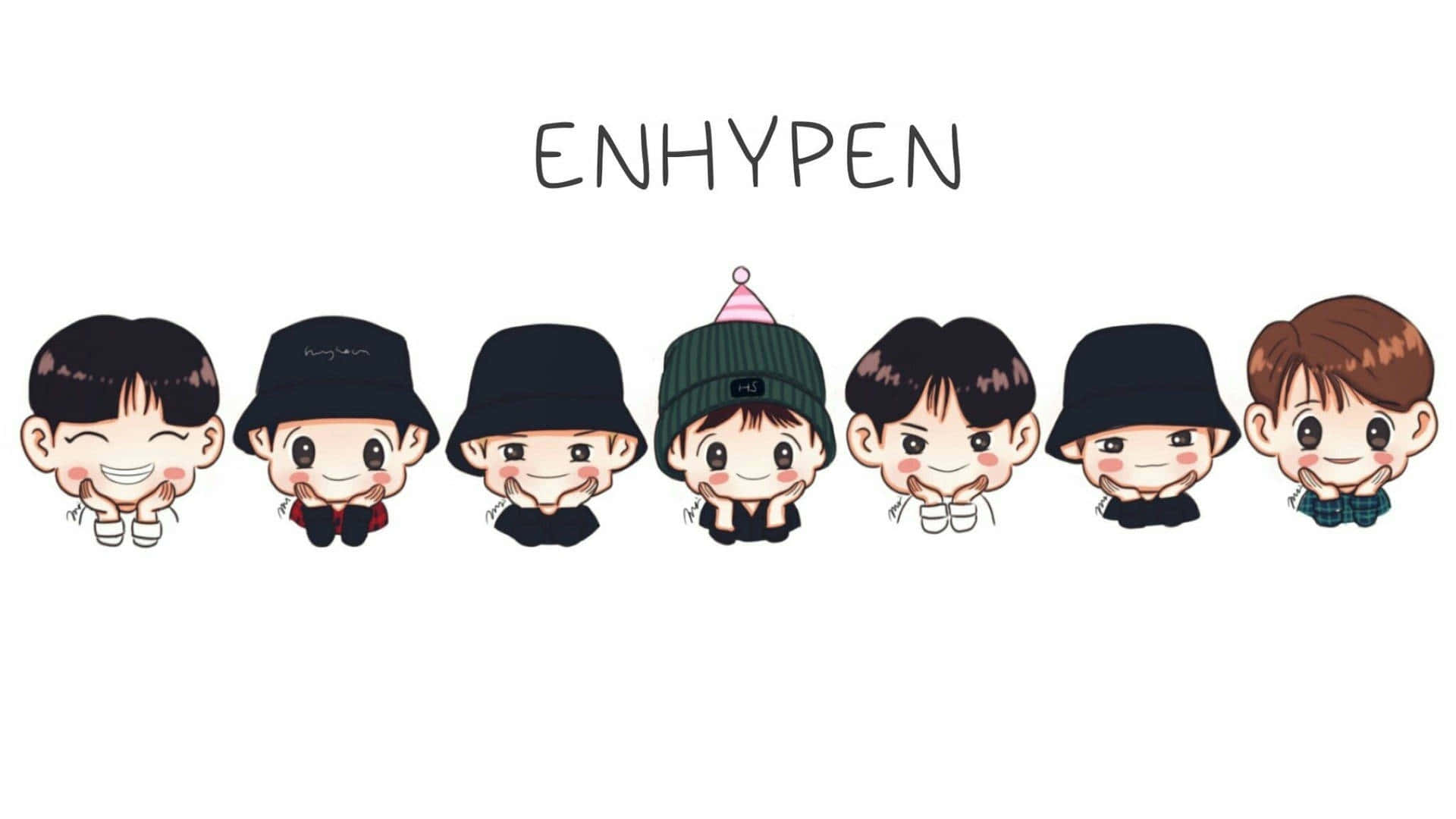 Enhypen Laptop 桌布 壁紙 — 七個ENHYPEN的Q版卡通成員在純白色背景前微笑並排成一排。