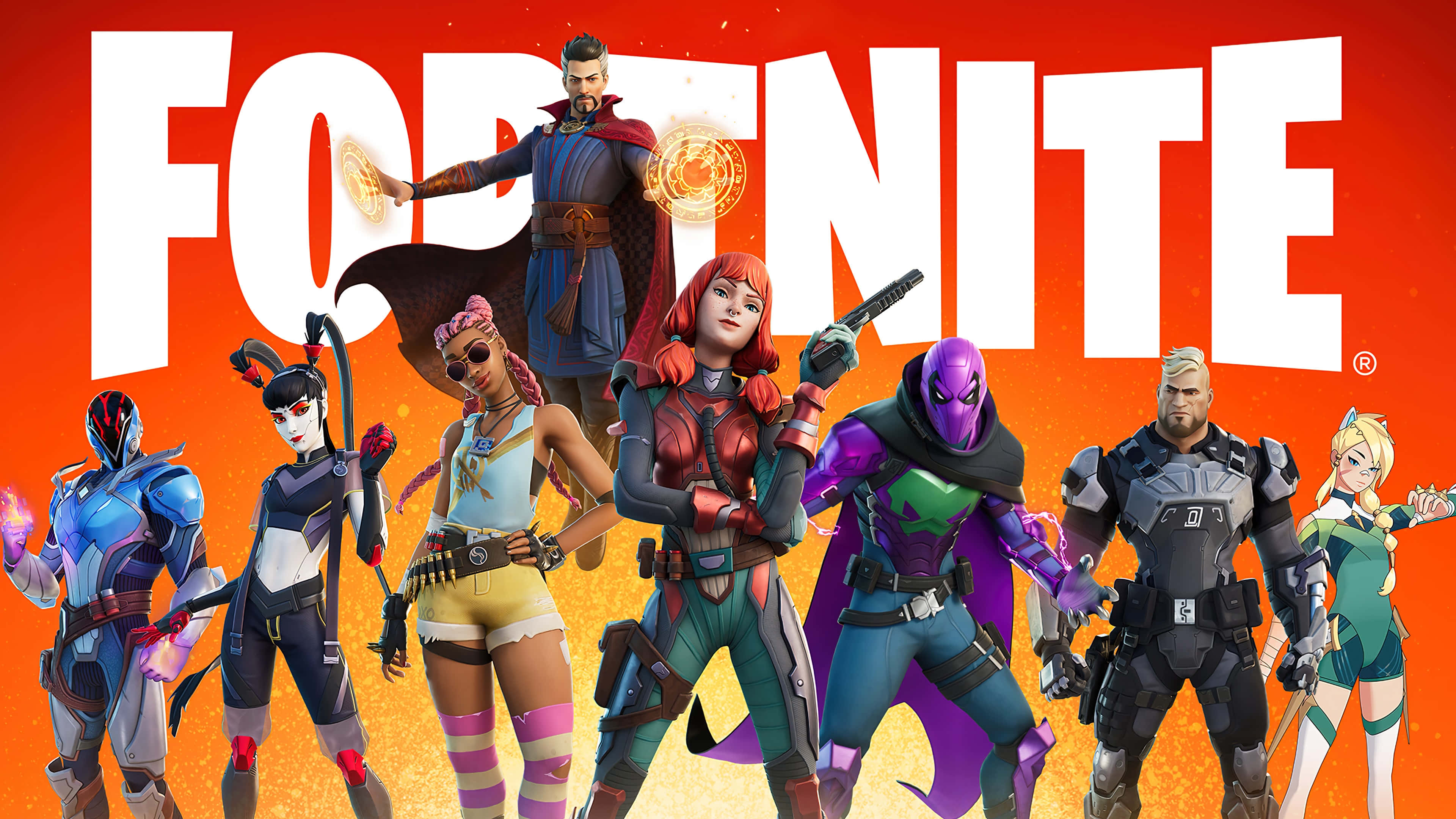 Fortnite Chapter 3 桌布 壁紙 — 七個Fortnite角色穿著色彩繽紛的服裝，自信地站在火熱的橙色背景前，並帶有遊戲標誌。