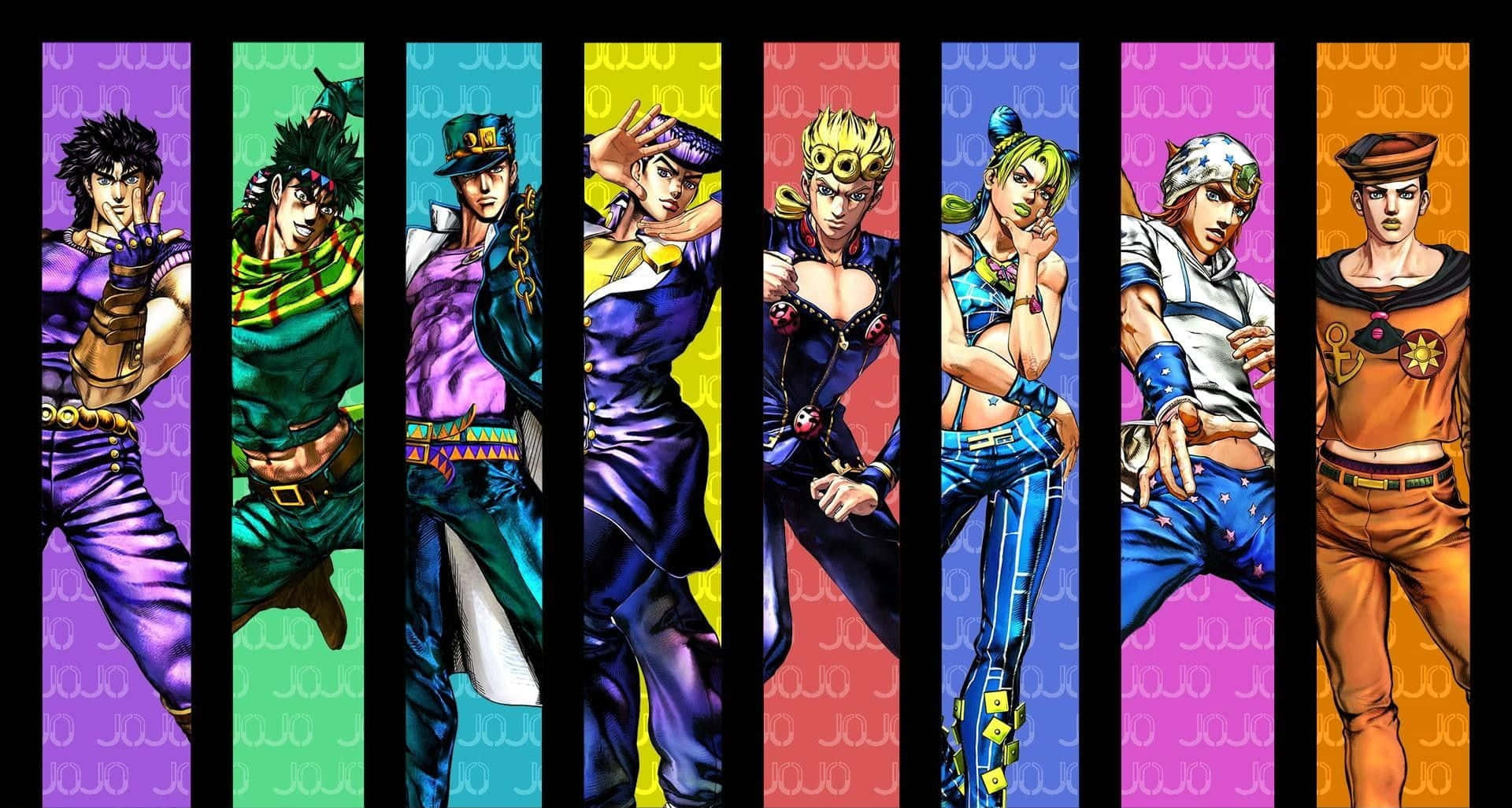 Battle Tendency 桌布 壁紙 — 七個JoJo角色站在充滿活力的垂直面板中，每個都有獨特的彩色背景和大膽的動漫風格。