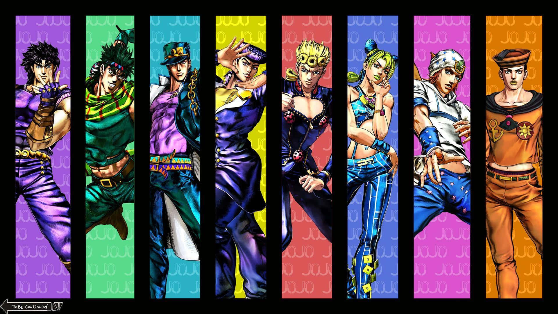 joseph joestar 桌布 壁紙 — 七個JoJo角色站在充滿活力的垂直面板中，每個都有獨特多彩的服裝和動態姿勢，背景為圖案背景。