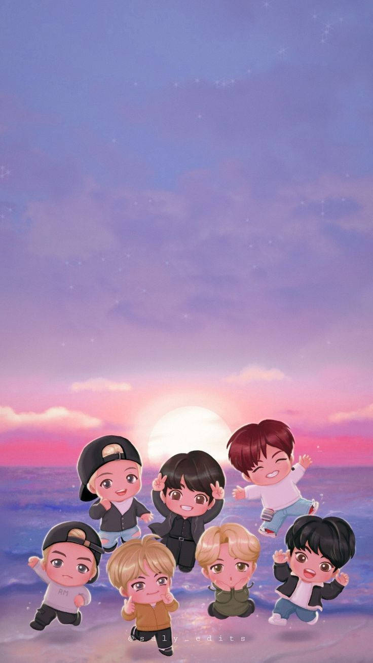 Bts Cartoon 桌布 壁紙 — 七個Q版動畫男孩在夢幻的暮色天空下，帶著發光的太陽和粉彩雲朵，開心地擺姿勢。