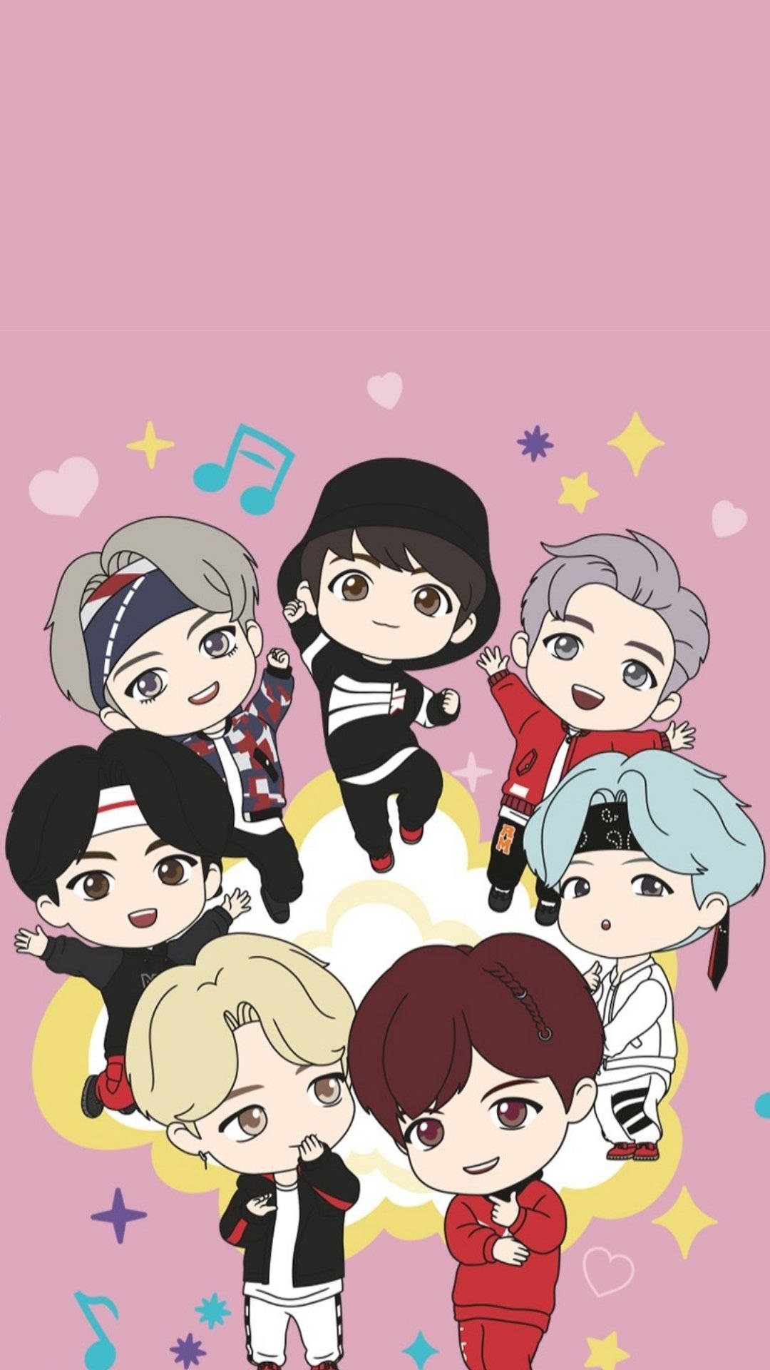 Bts Chibi 桌布 壁紙 — 七個Q版風格動畫男孩穿著色彩繽紛的服裝，在粉紅色背景上擺出歡樂姿勢，背景有音符和星星。