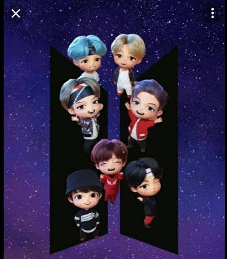 BTS標誌 桌布 壁紙 — 七個Q版風格動畫角色，擁有色彩繽紛的頭髮，站在由黑色三角形框住的星空紫色天空中。