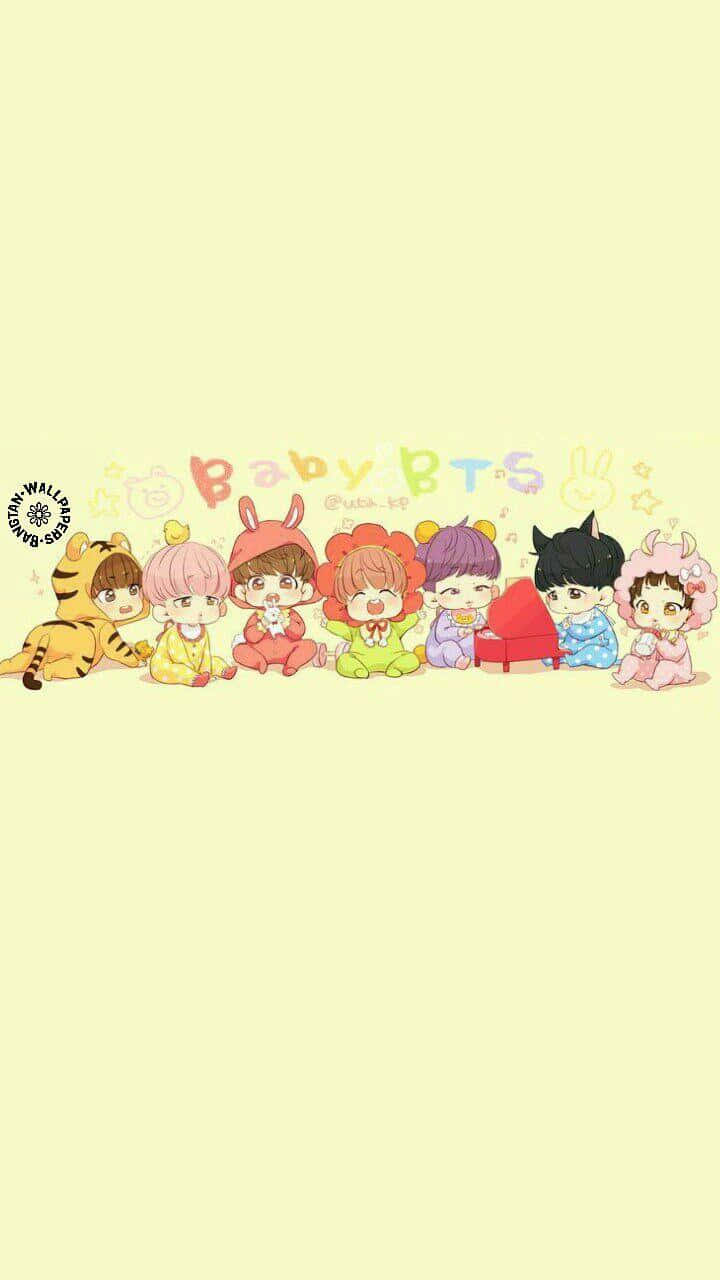 Bts Fanart 桌布 壁紙 — 七個Q版風格的BTS成員穿著色彩繽紛的動物服裝，開心地坐在淡黃色背景前。