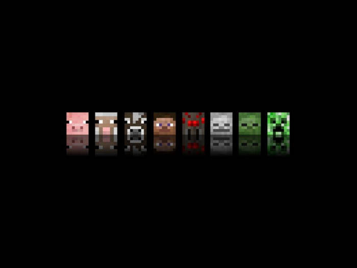 七個Minecraft像素角色在帶有反射的黑色背景上排成一列。