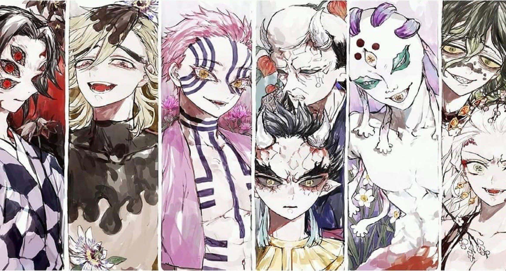 鬼滅之刃 桌布 壁紙 — 七個具有獨特惡魔特徵和色彩繽紛服裝的動漫角色垂直排列站立。