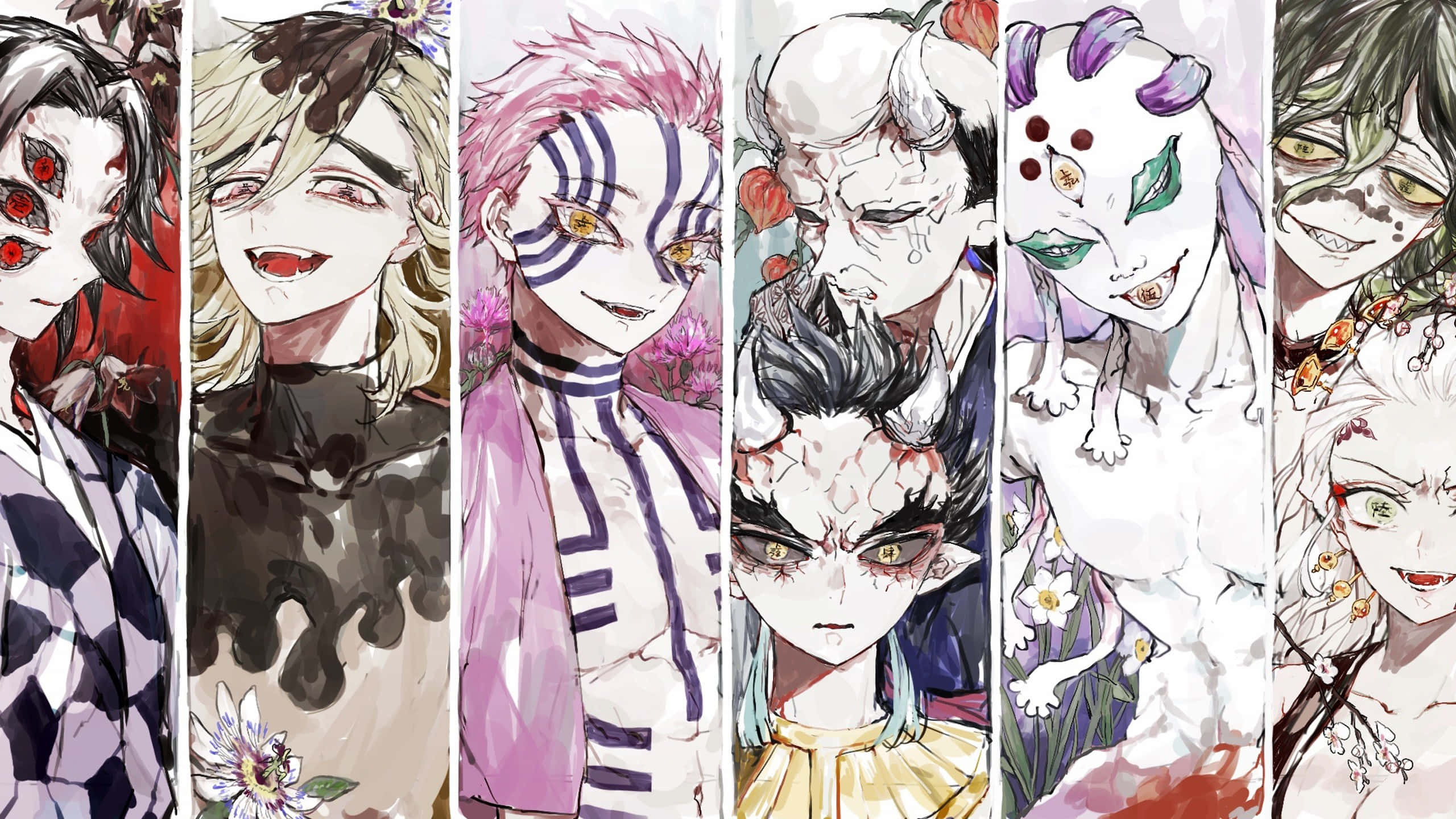 Demon Slayer Characters 桌布 壁紙 — 七個具有獨特惡魔特徵和鮮豔服裝的動漫角色站在垂直面板中，背景是花卉和抽象圖案。