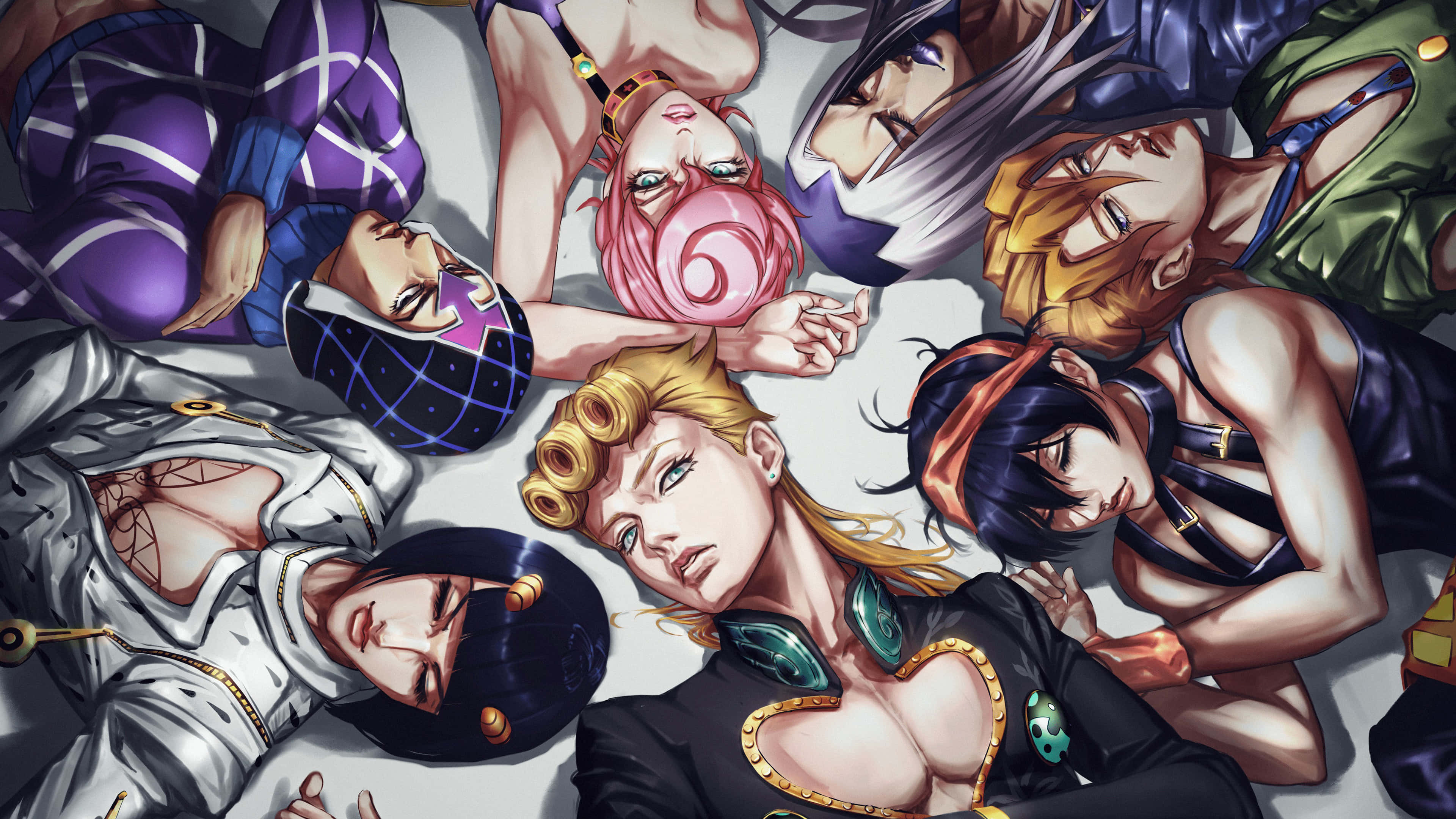 Vento Aureo 桌布 壁紙 — 七個動漫角色以動態姿勢圍繞著一個粉紅色頭髮和螺旋紋身嘅中心人物。