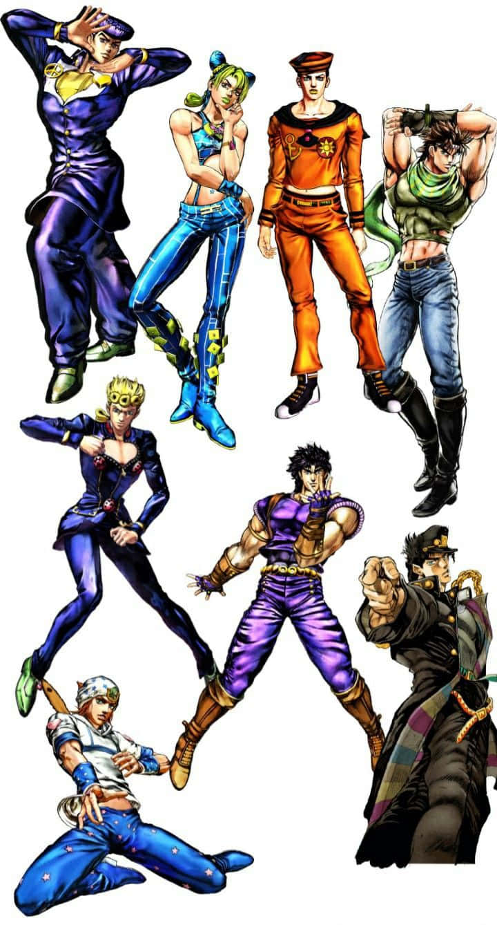 Jojo Pose 桌布 壁紙 — 七個動漫角色以動態姿勢穿著色彩繽紛的服裝，帶有粗線條和鮮豔的陰影。
