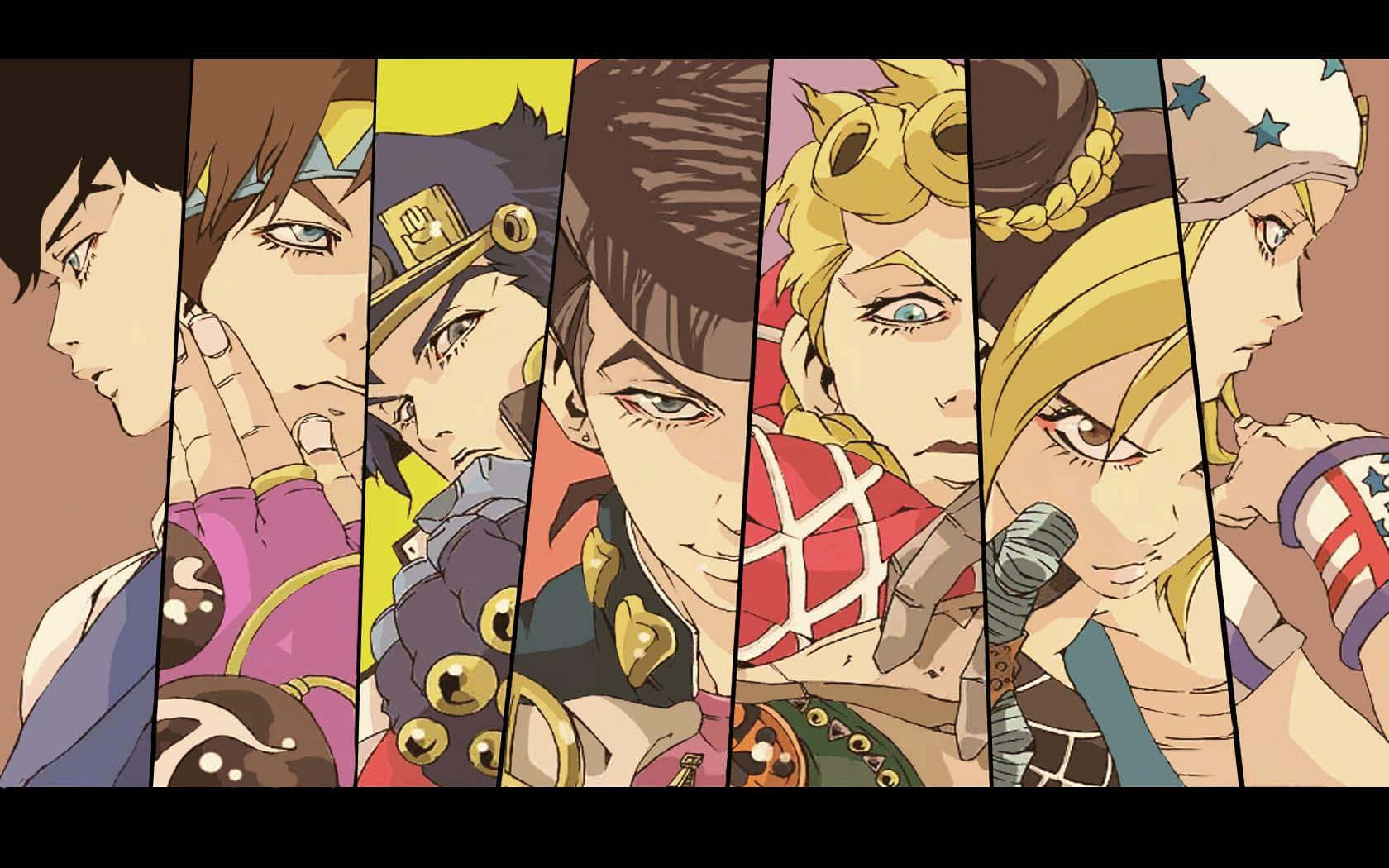 Jonathan Joestar 桌布 壁紙 — 七個動漫角色在鮮豔的垂直面板中展現強烈的表情和精緻的服裝。