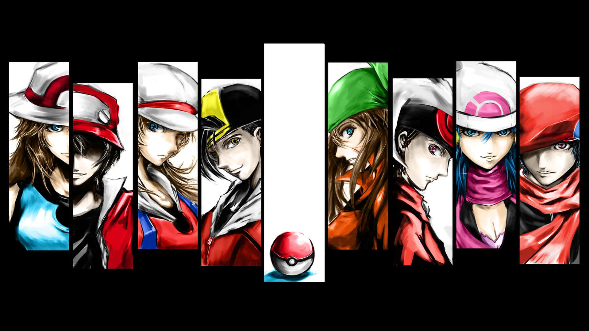 Pokemon Masters 桌布 壁紙 — 七個動漫角色戴著紅色、白色和色彩繽紛的帽子，以側面輪廓站在黑色背景上，中間有一個精靈球。