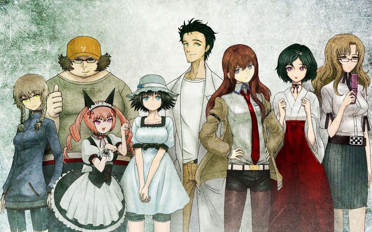 Steins Gate 桌布 壁紙 — 七個動漫角色穿著不同的服裝和表情，站在有紋理的灰綠色背景前。