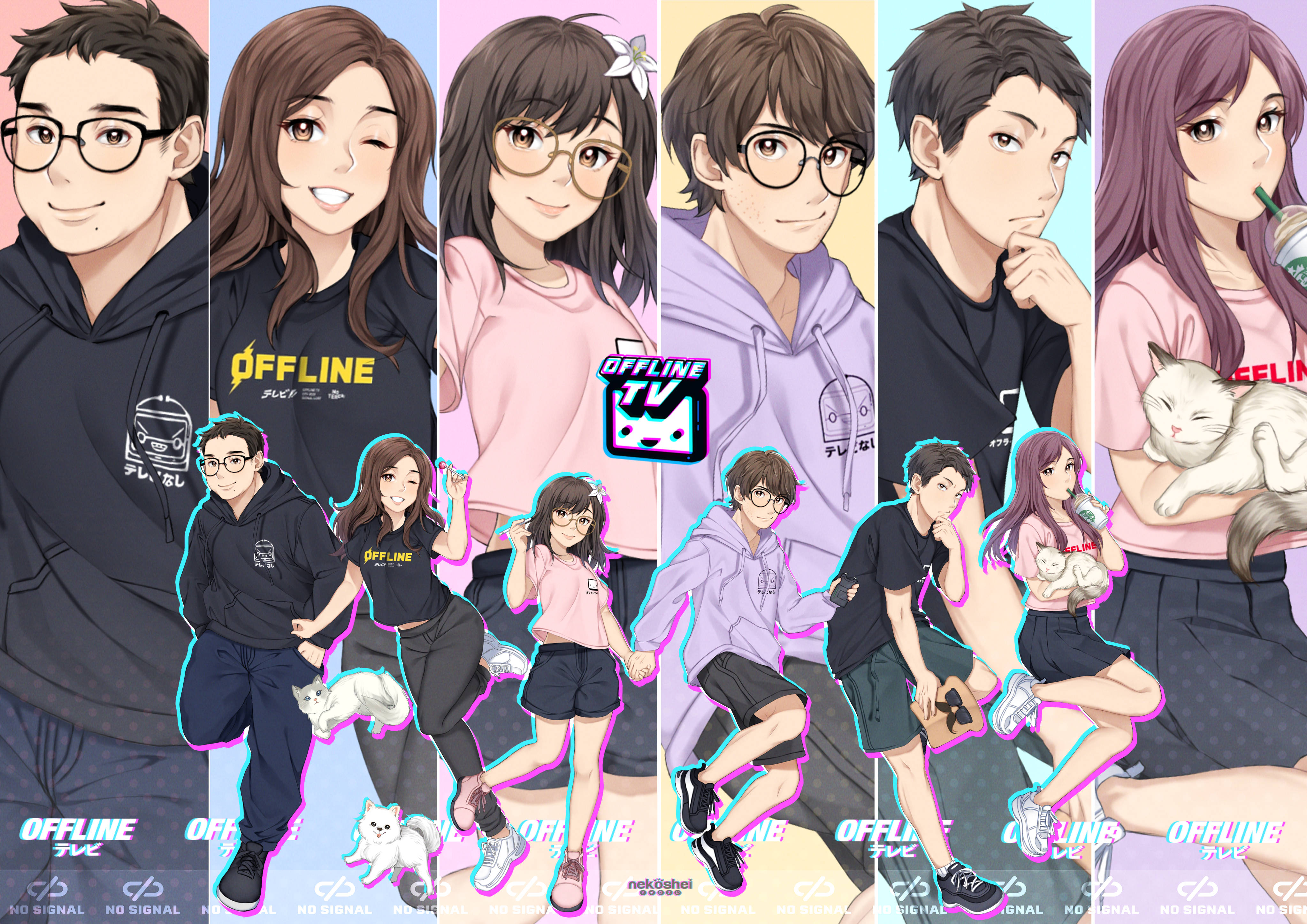 Pokimane Offline TV 壁紙 — 七個動漫角色穿著休閒服裝，與貓咪一起，背景為色彩繽紛的垂直背景，帶有「OFFLINE TV」品牌標誌。
