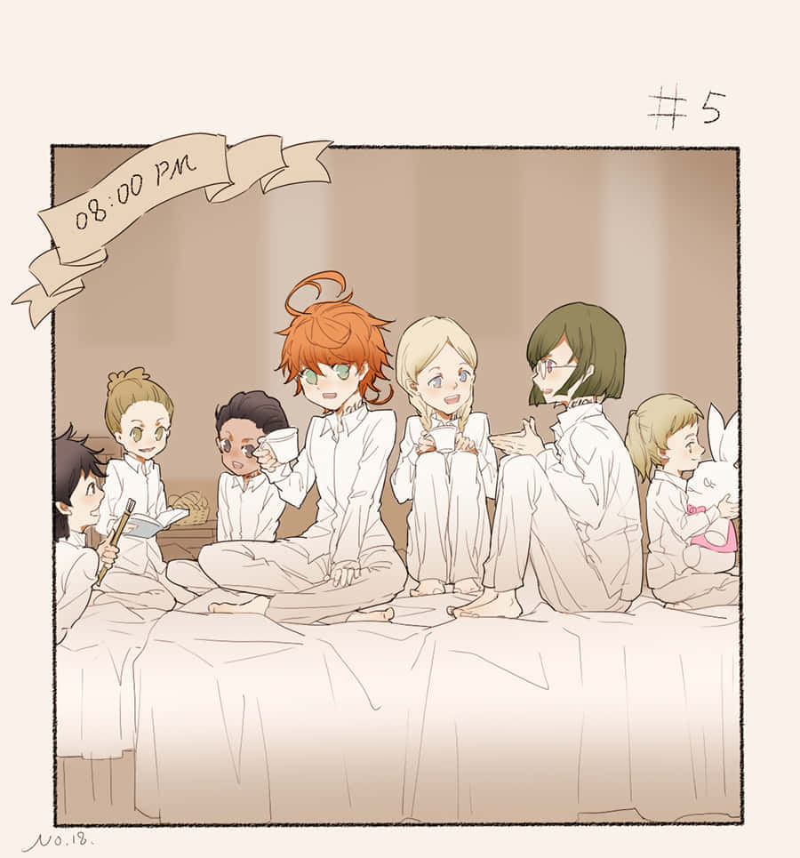 The Promised Neverland Gilda 桌布 壁紙 — 七個動漫角色穿著白色睡衣，在晚上8點躺在床上放鬆，喝著茶，讀著書，營造出舒適的室內場景。