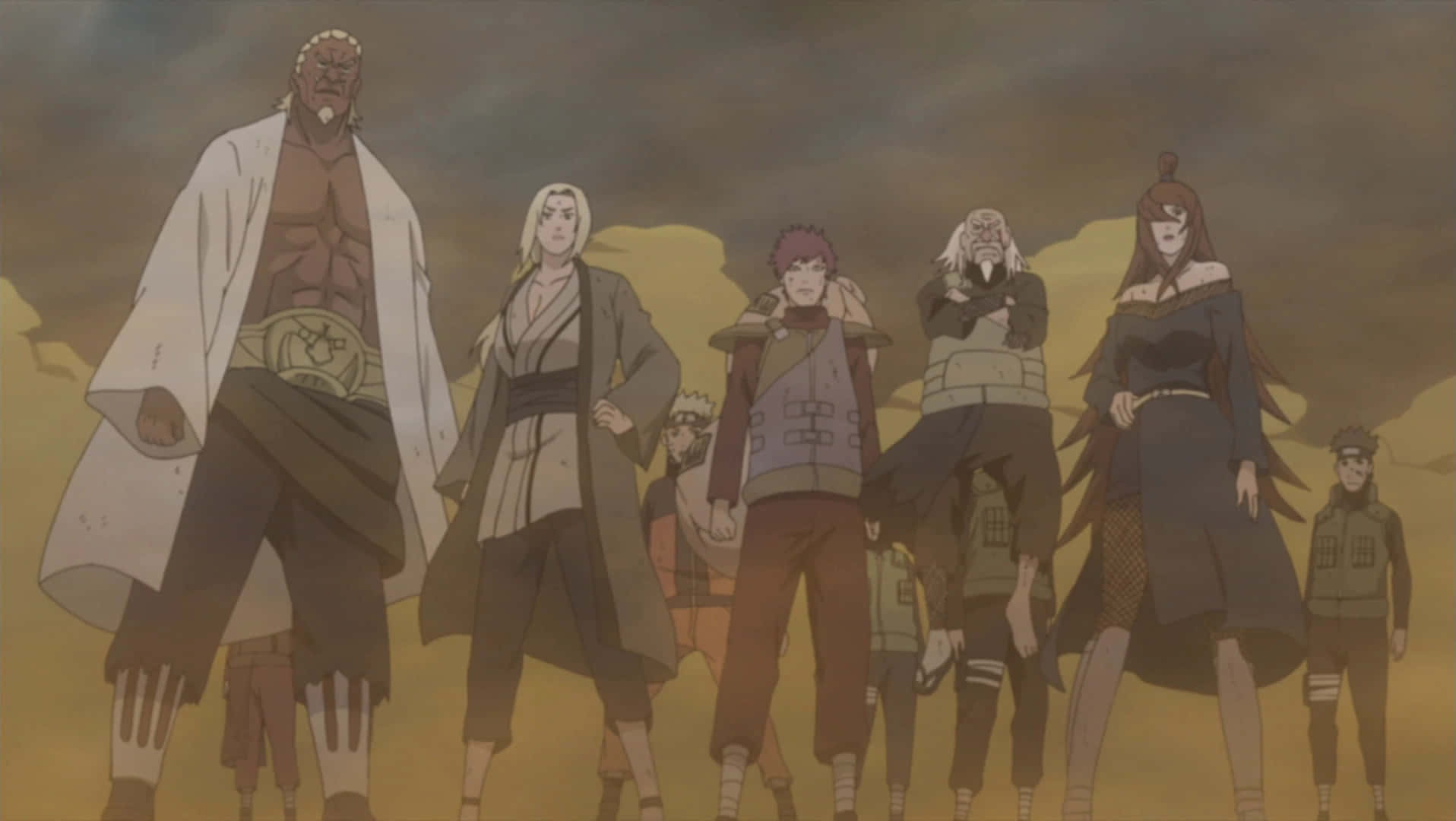 Five Kage Summit 桌布 壁紙 — 七個動漫角色站在塵土飛揚的田野中，天空風起雲湧，光線戲劇性。