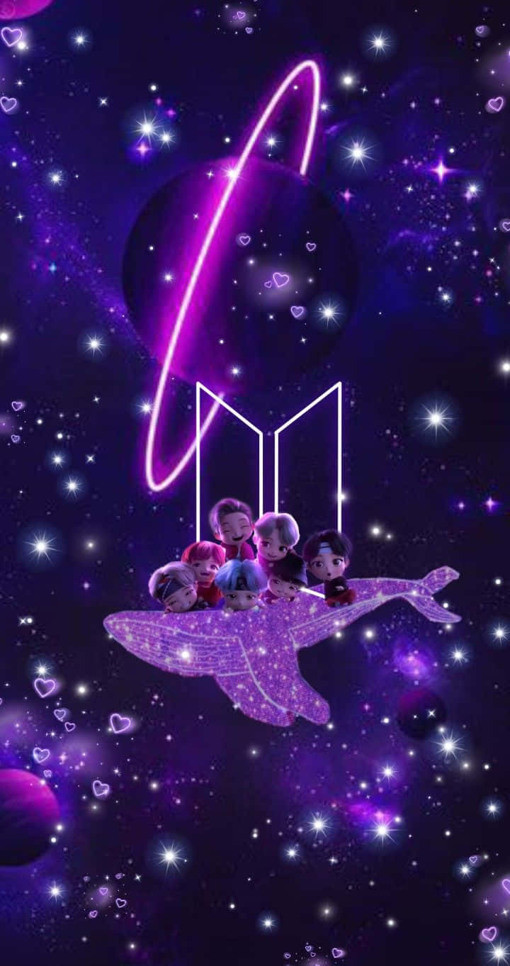Bts Icon 桌布 壁紙 — 七個動畫人物騎著閃閃發光的鯨魚，穿過充滿發光愛心和霓虹BTS標誌的充滿活力的紫色星空。