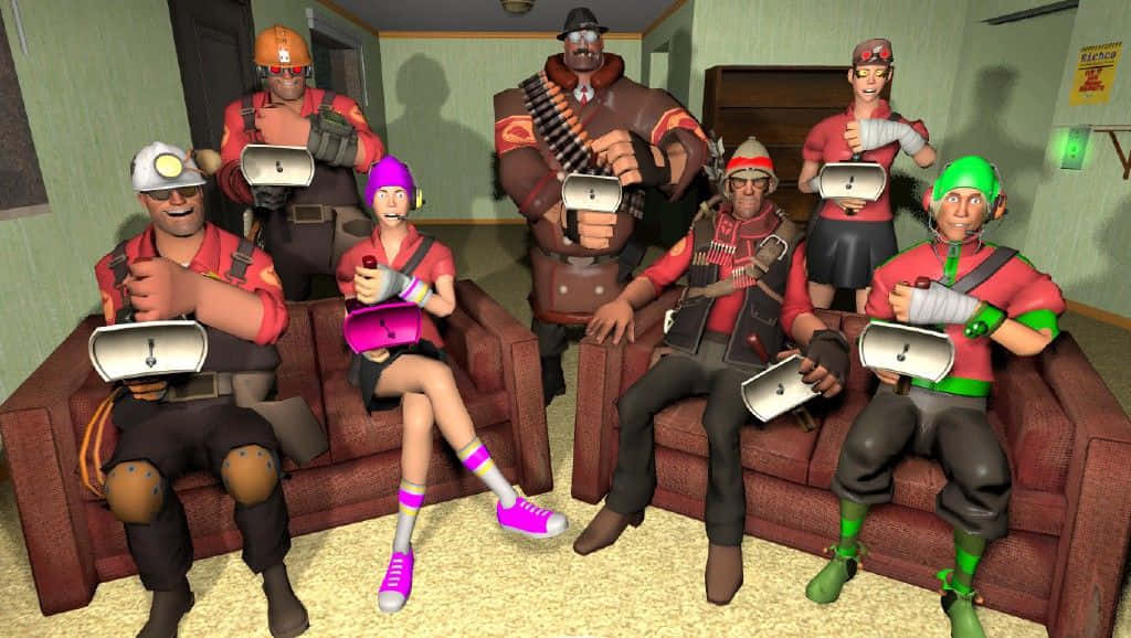 Gaming Mods 桌布 壁紙 — 七個卡通風格嘅遊戲角色著住紅色制服，坐喺梳化上，手持銀色裝置，喺一個燈光昏暗、牆壁綠色嘅房間入面。