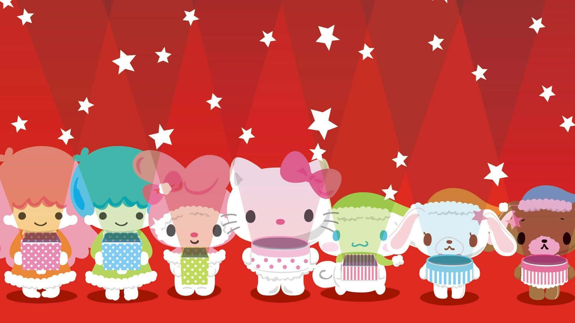 Hello Kitty Christmas 桌布 壁紙 — 七個可愛的Sanrio角色穿著節日服裝，在紅色星空背景前站成一排。
